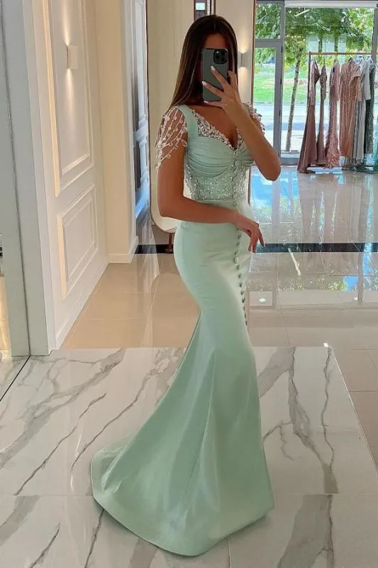 Mint Green Satin Mermaid Prom Dress Front Split Sweetheart Sequins Long Evening Party Dress #SEK192