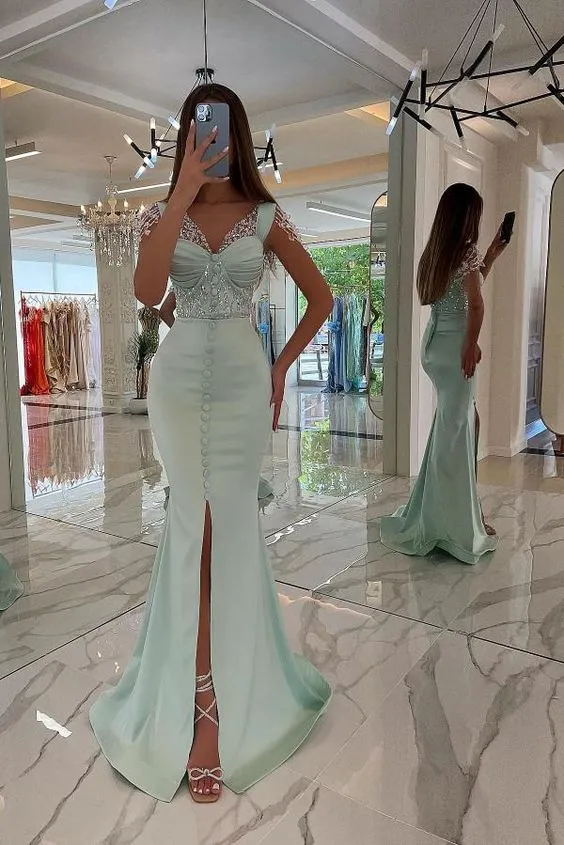 Mint Green Satin Mermaid Prom Dress Front Split Sweetheart Sequins Long Evening Party Dress #SEK192