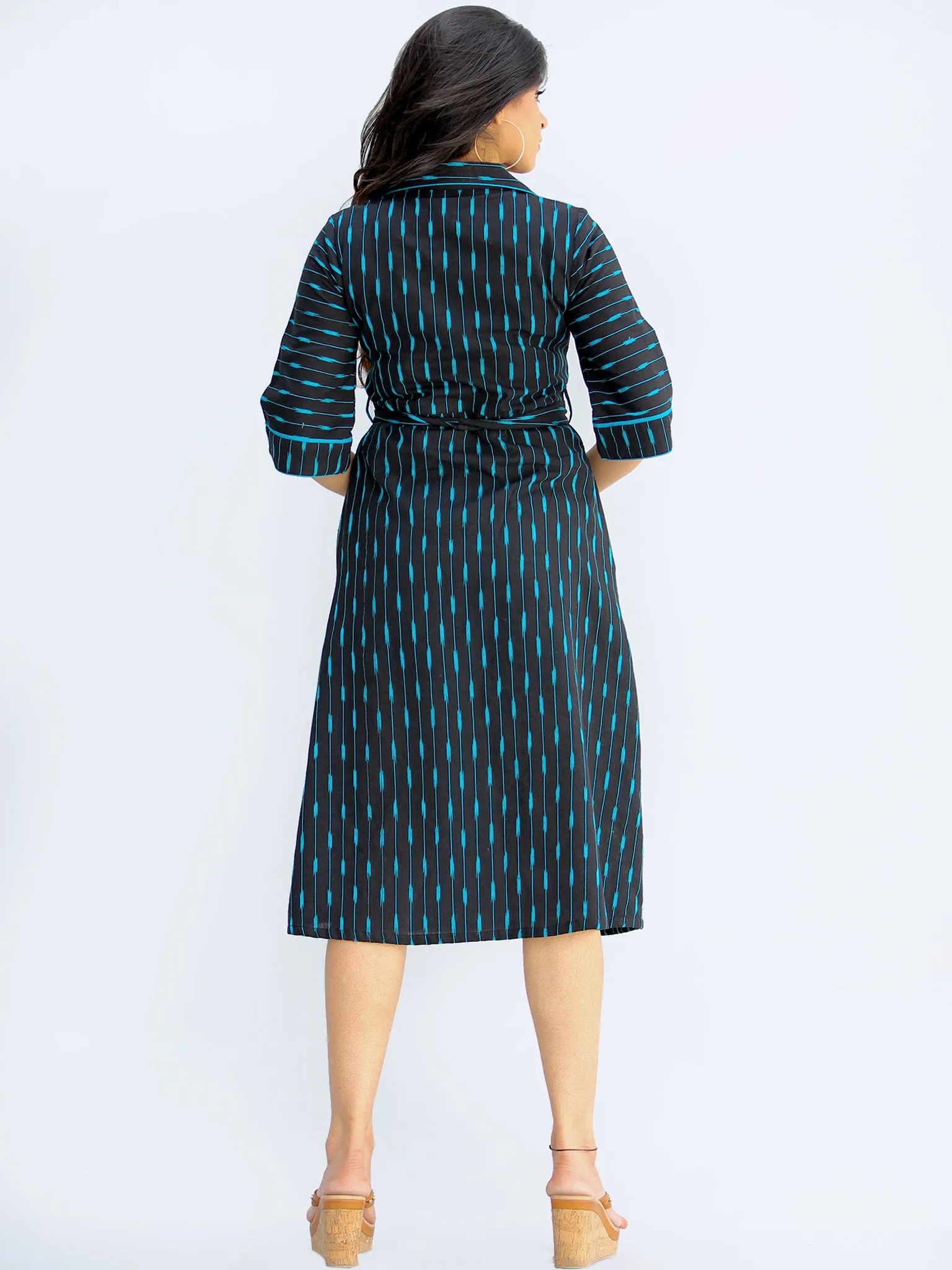Musn - Handwoven Ikat Cotton Midi Tie Up Dress - D424F1444