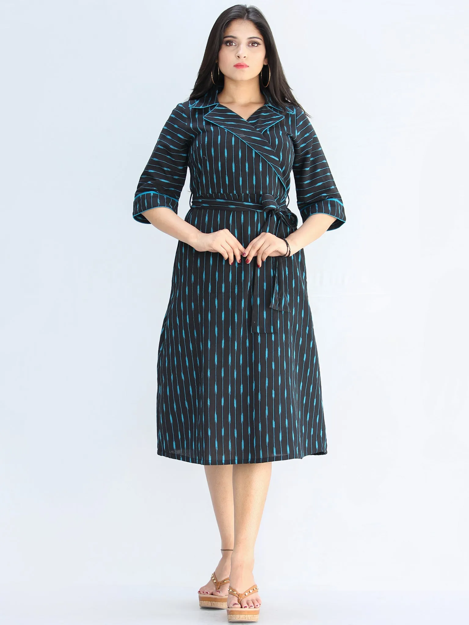 Musn - Handwoven Ikat Cotton Midi Tie Up Dress - D424F1444