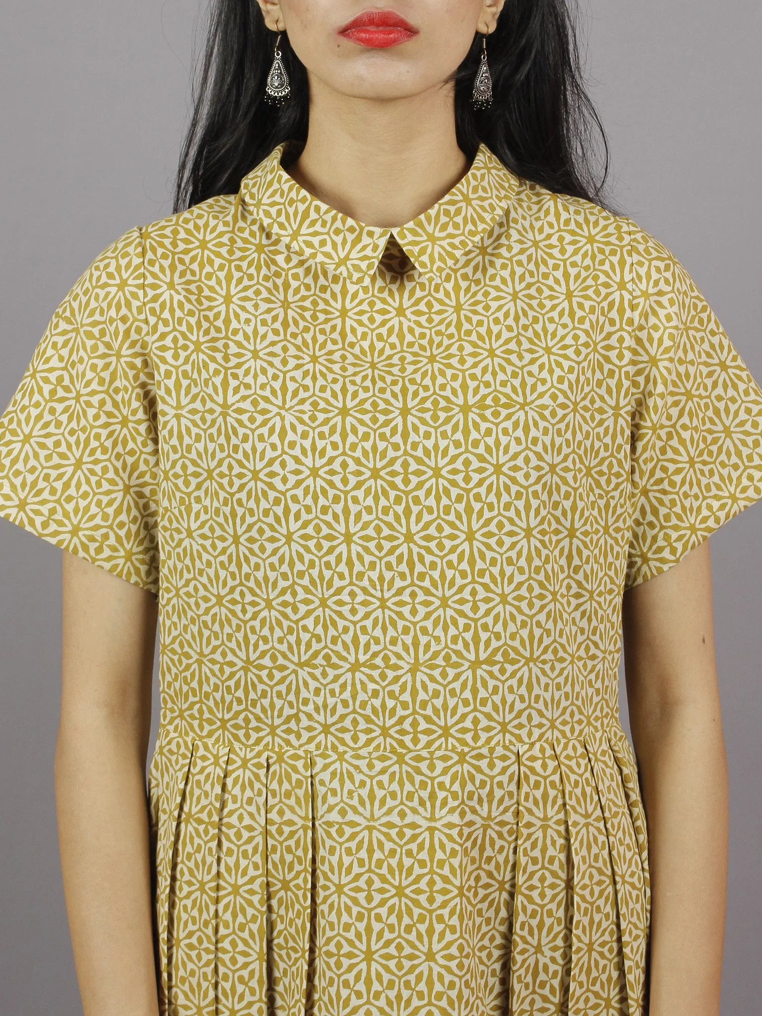 Mustard Yellow & Ivory Hand Block Cotton Dress With Knife Pleats & Side Pockets- D3942901