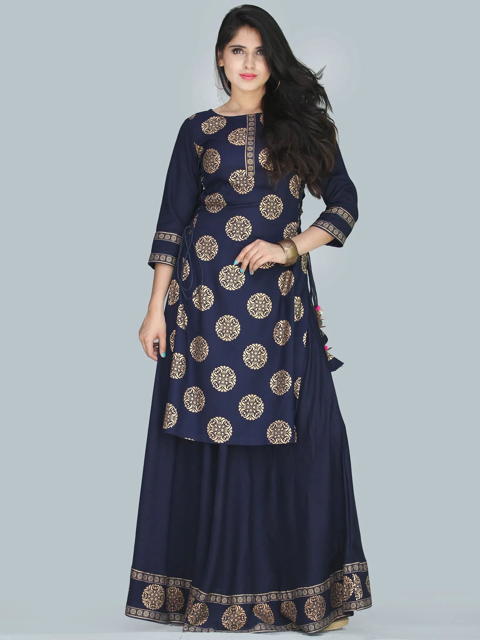 Naaz Aalia - Indigo Gold Block Print Kurta & Skirt Dress With Tassels - D380FXXXX