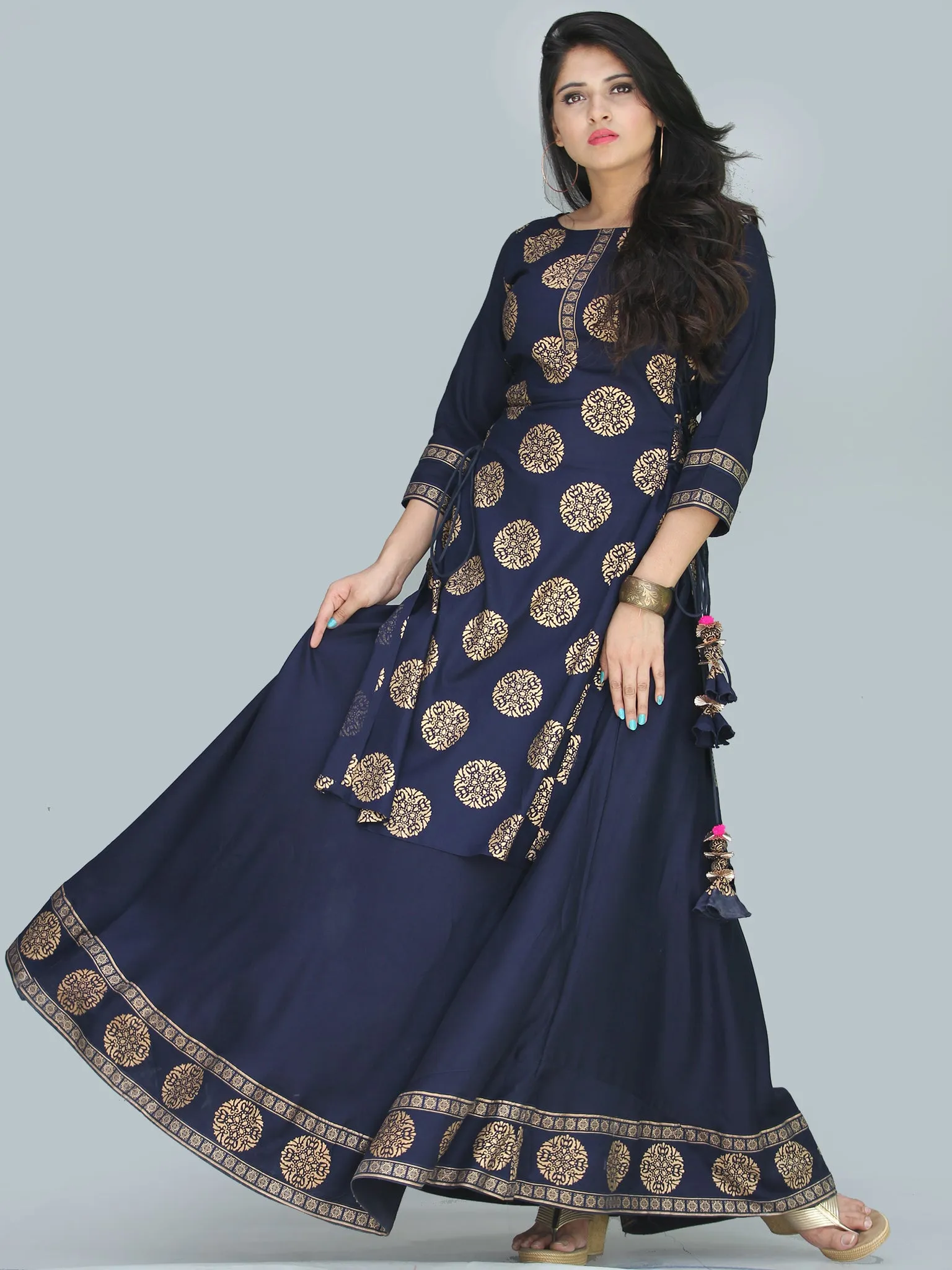 Naaz Aalia - Indigo Gold Block Print Kurta & Skirt Dress With Tassels - D380FXXXX