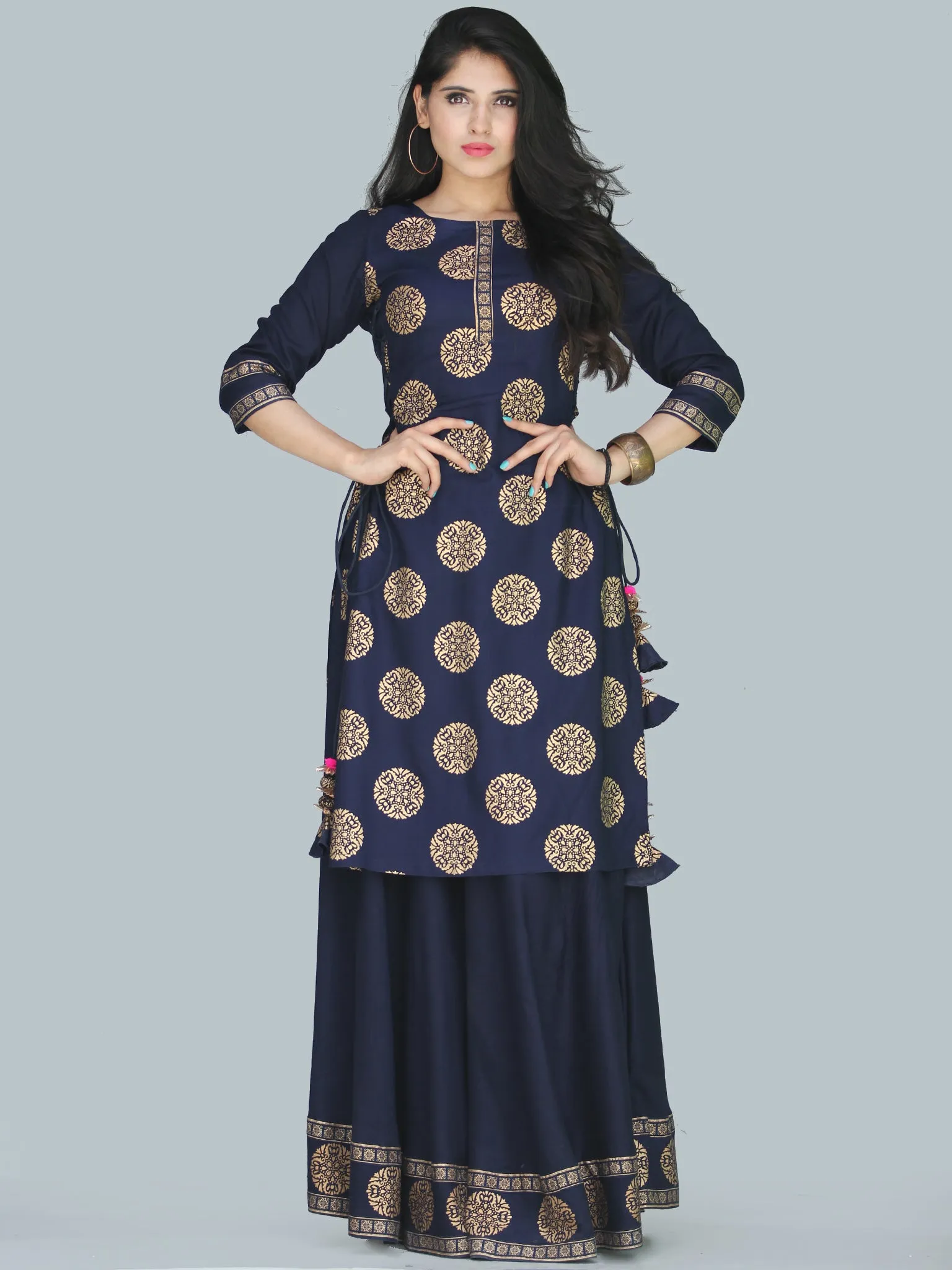 Naaz Aalia - Indigo Gold Block Print Kurta & Skirt Dress With Tassels - D380FXXXX