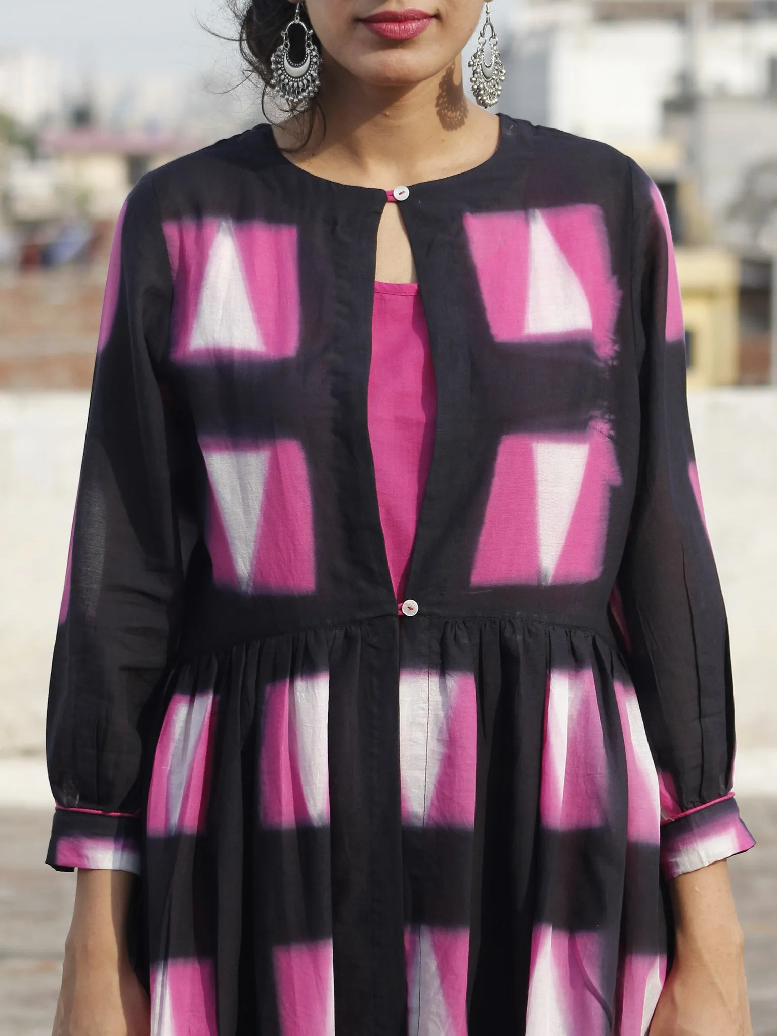 Naaz Black Pink White Hand Block Printed & Tie Dye Dress With Peasant Sleeves & Lining -DS25F001