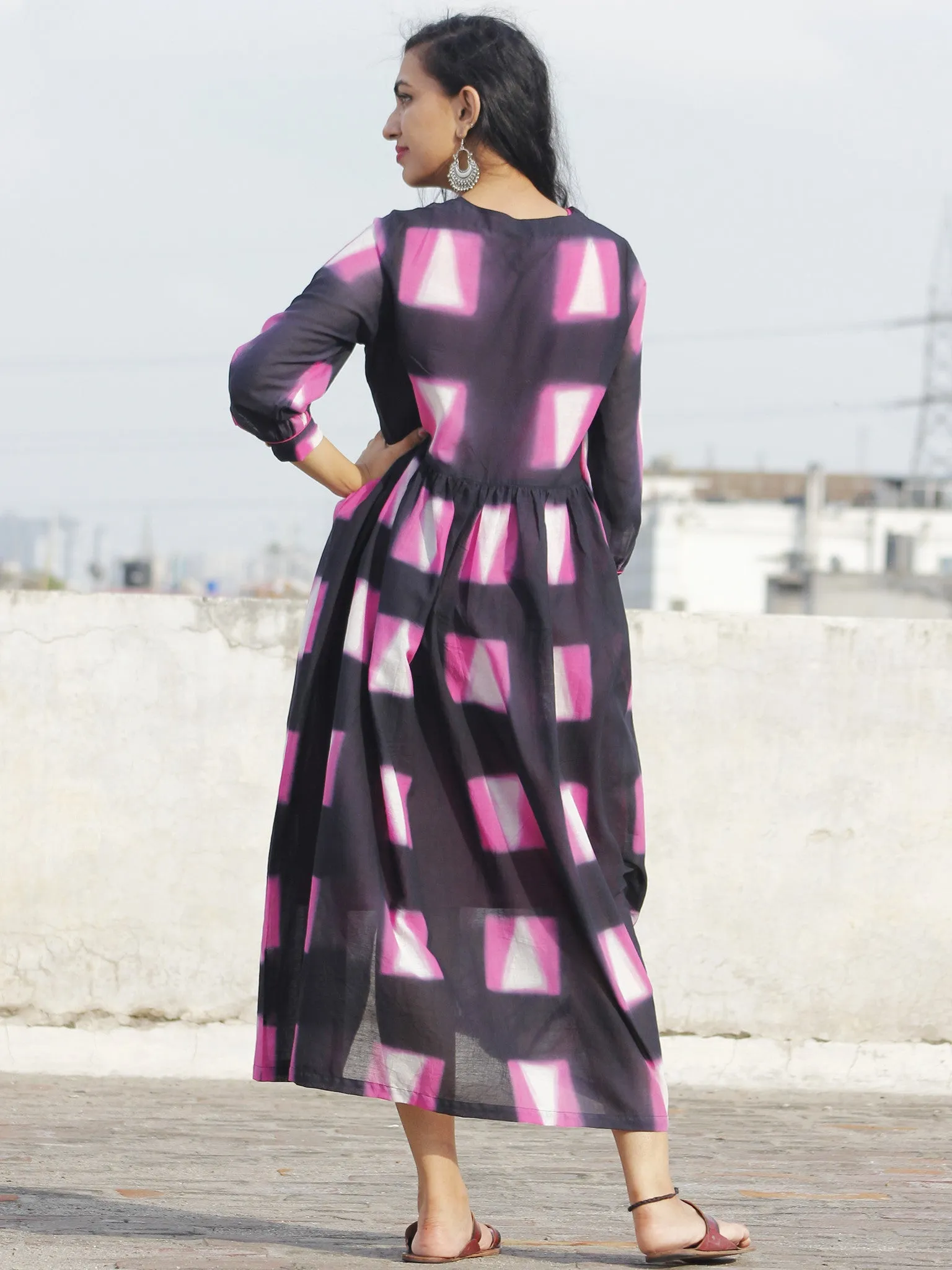 Naaz Black Pink White Hand Block Printed & Tie Dye Dress With Peasant Sleeves & Lining -DS25F001