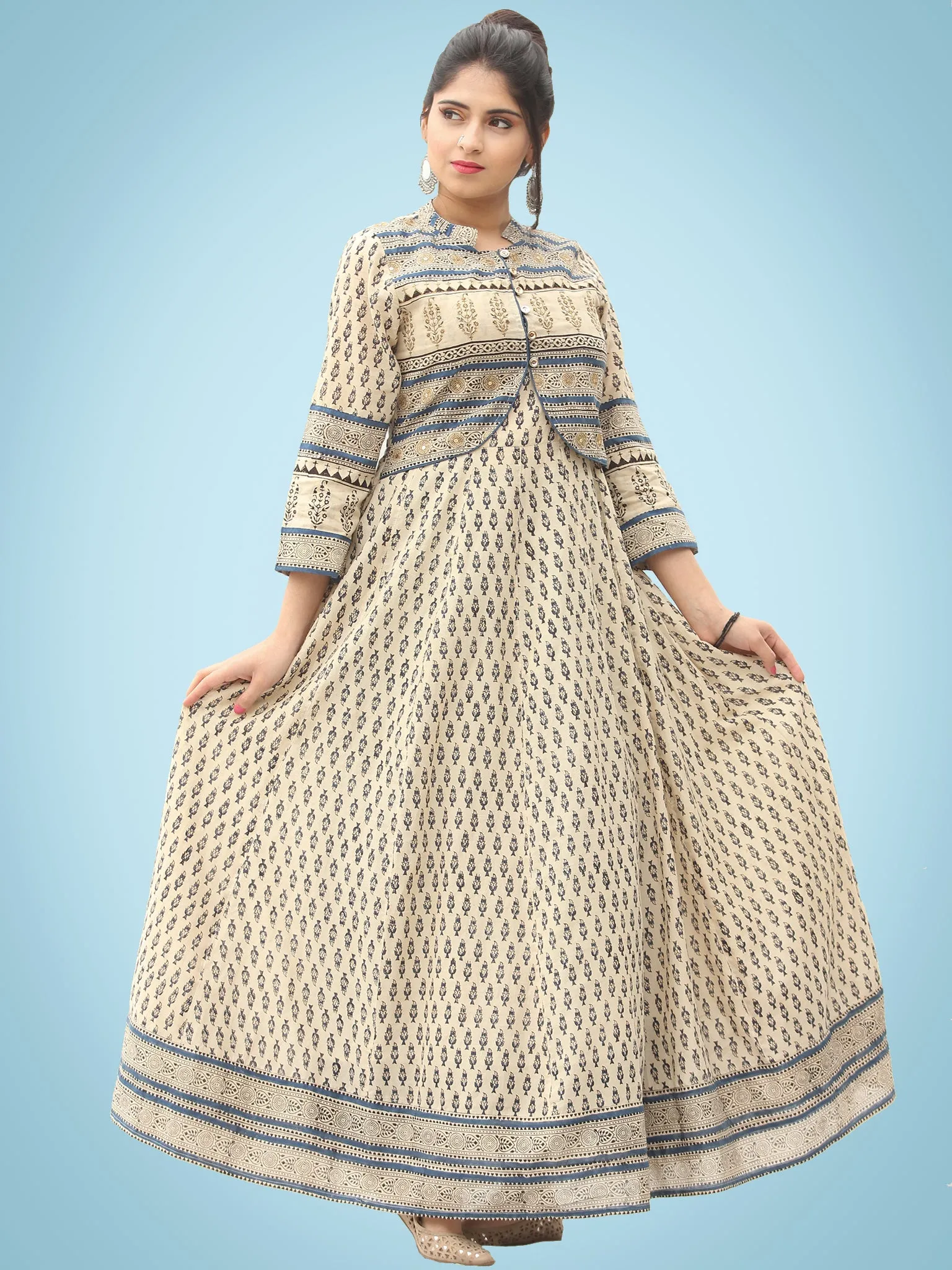 Naaz Dil Ara - Hand Block Printed Long Cotton Panel Dress With Embroidered Jacket - DS108F0001