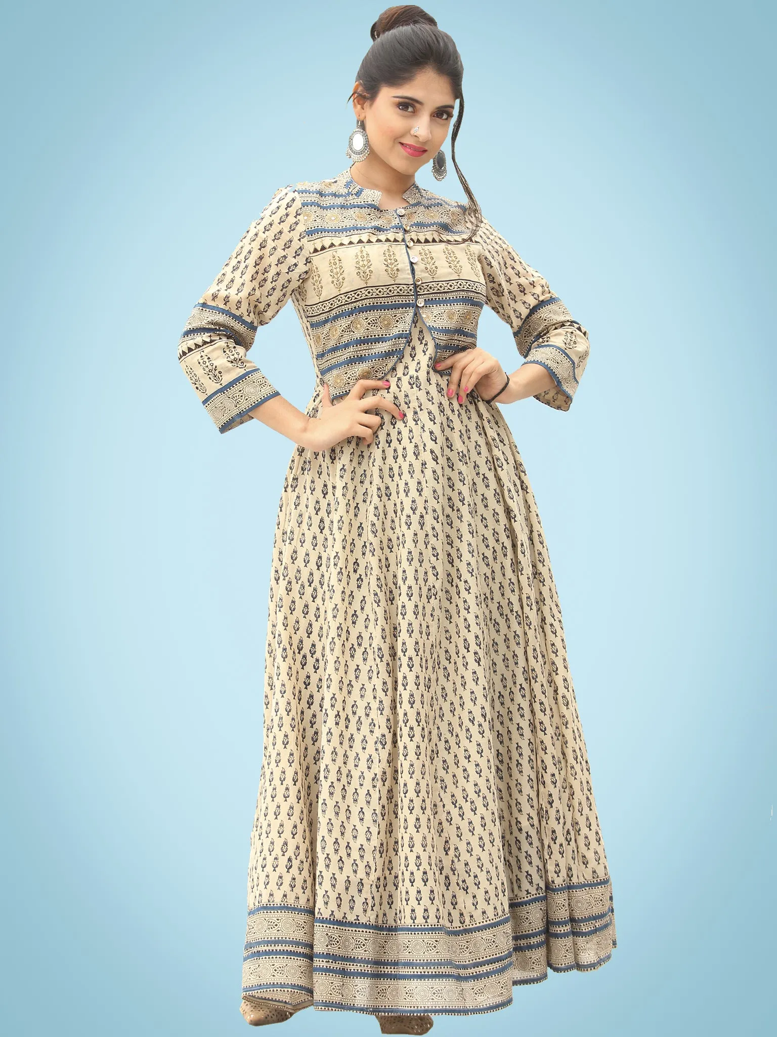 Naaz Dil Ara - Hand Block Printed Long Cotton Panel Dress With Embroidered Jacket - DS108F0001