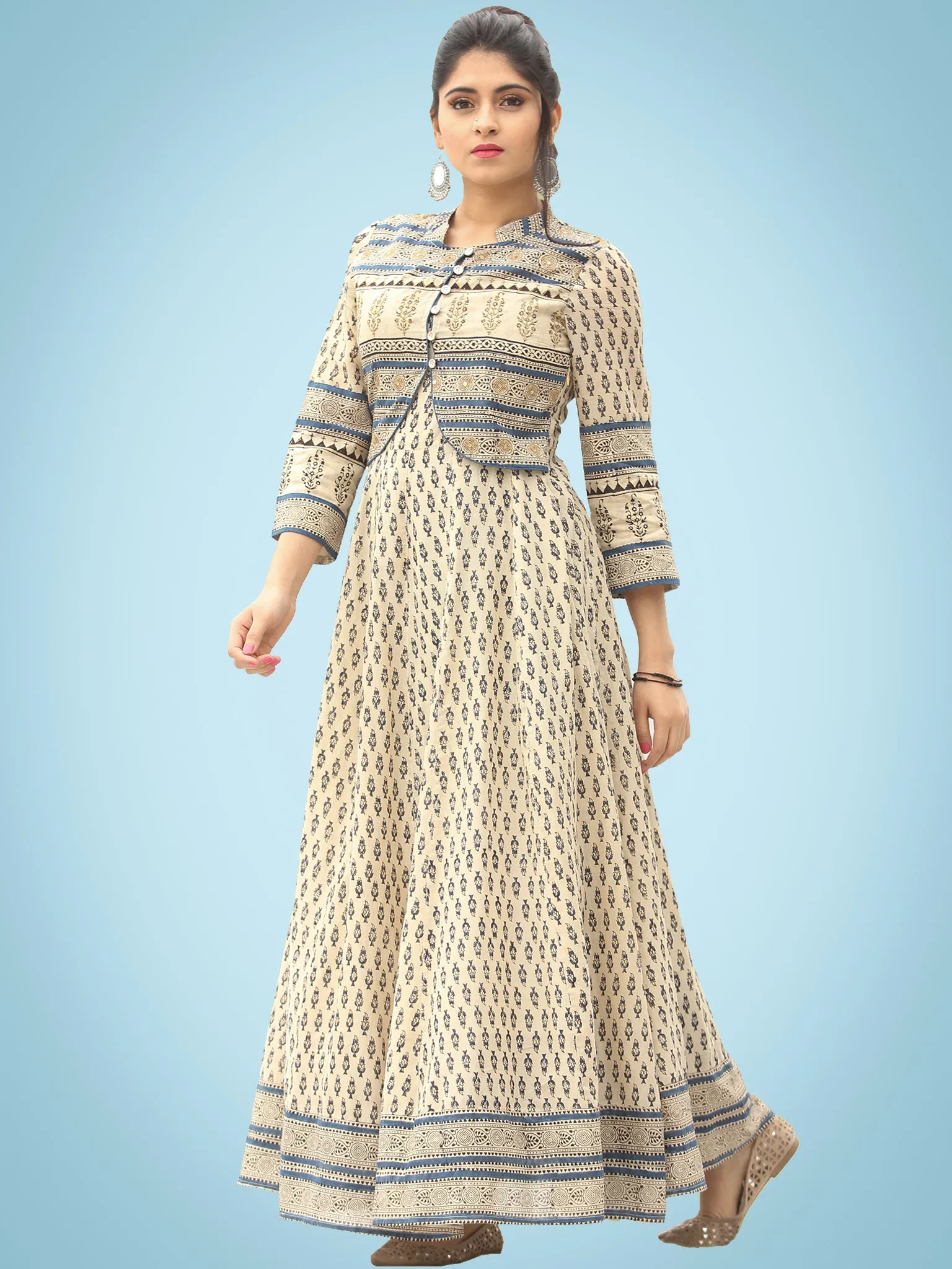 Naaz Dil Ara - Hand Block Printed Long Cotton Panel Dress With Embroidered Jacket - DS108F0001