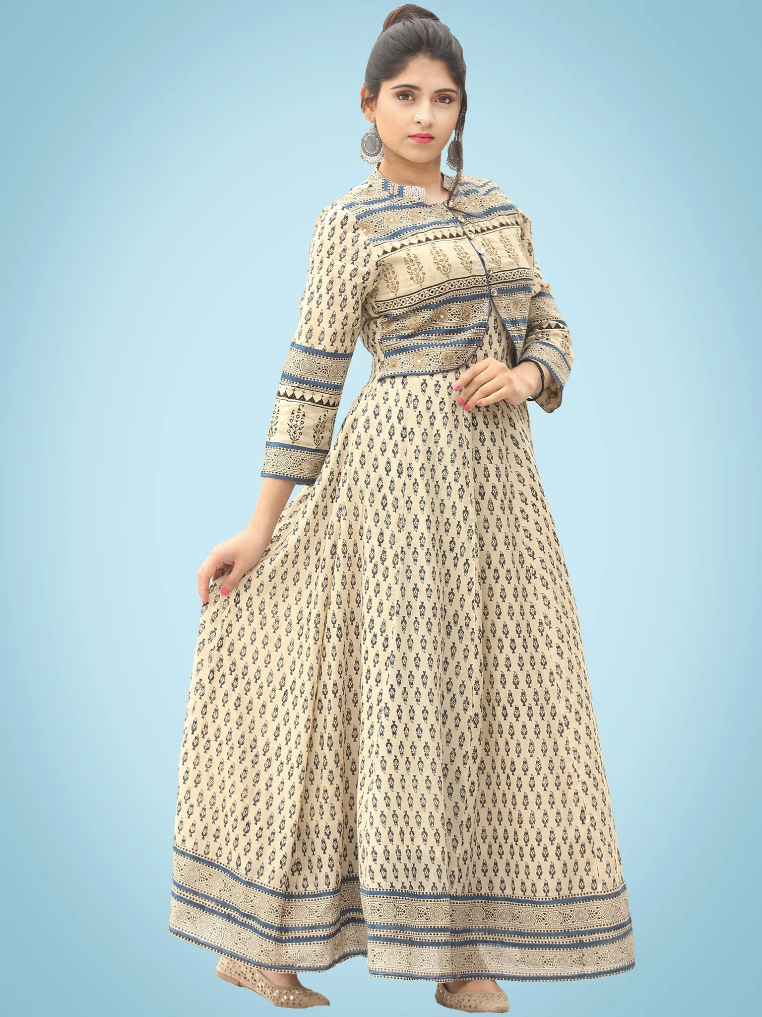 Naaz Dil Ara - Hand Block Printed Long Cotton Panel Dress With Embroidered Jacket - DS108F0001