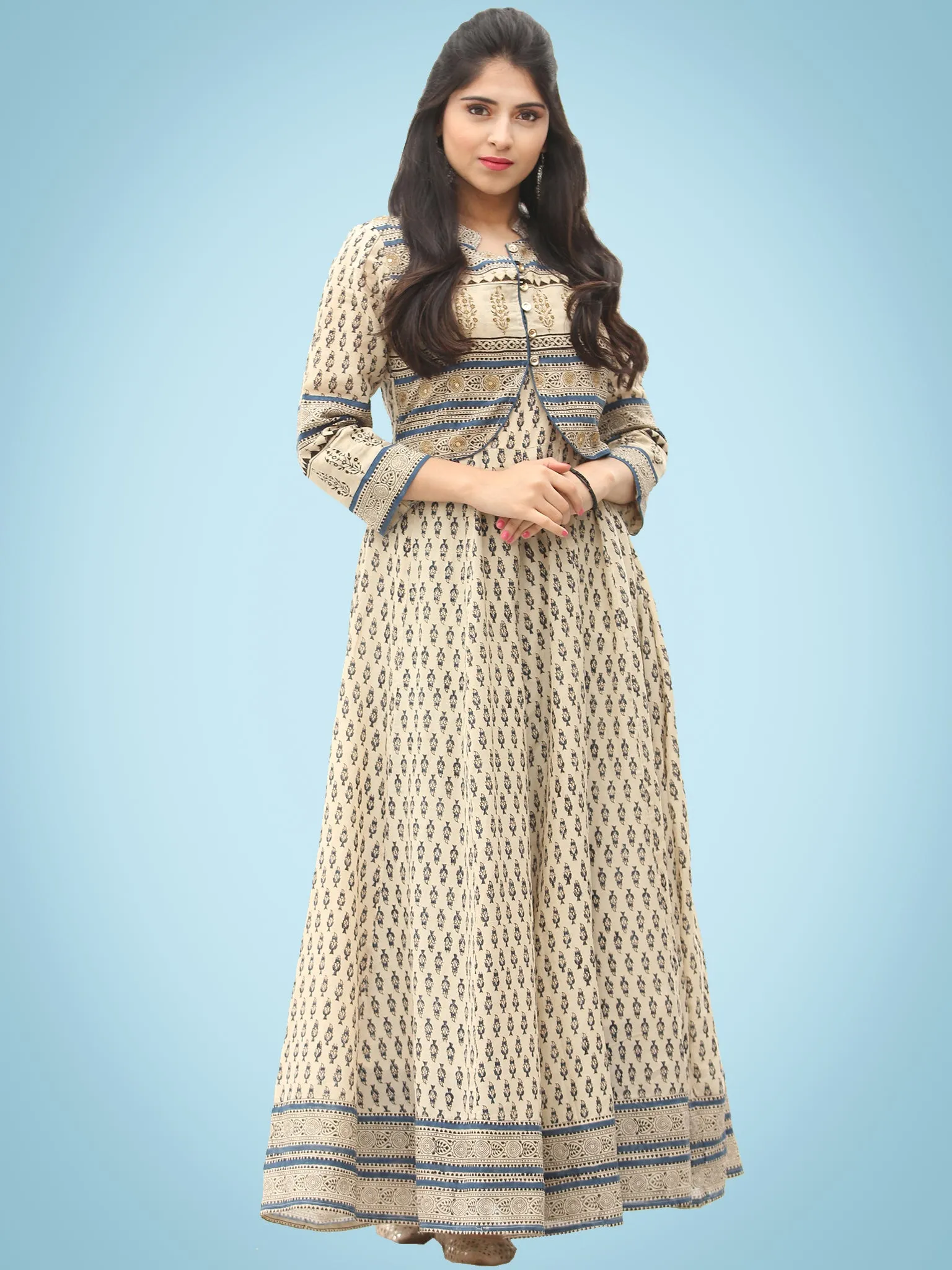 Naaz Dil Ara - Hand Block Printed Long Cotton Panel Dress With Embroidered Jacket - DS108F0001