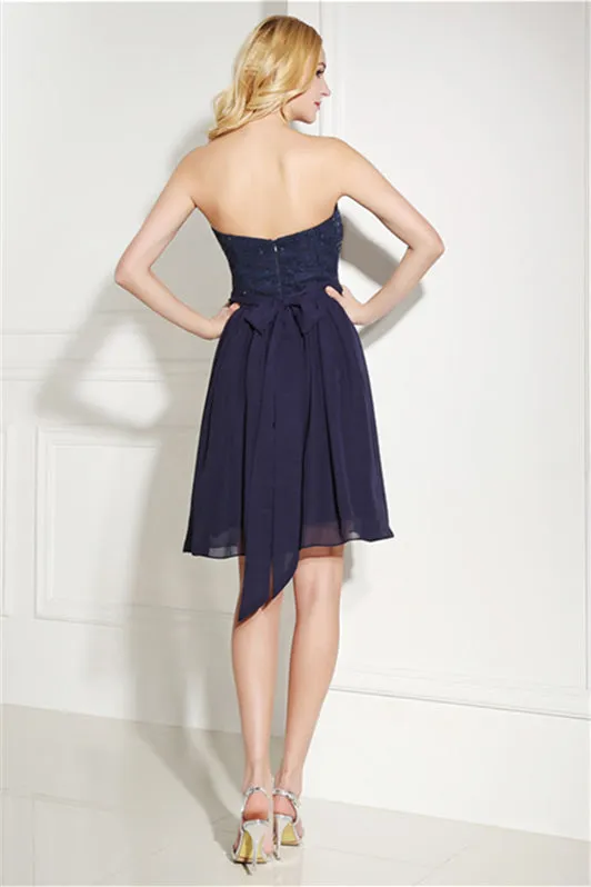 Navy Blue Chiffon Sweetheart Lace Beading Short Homecoming Dresses