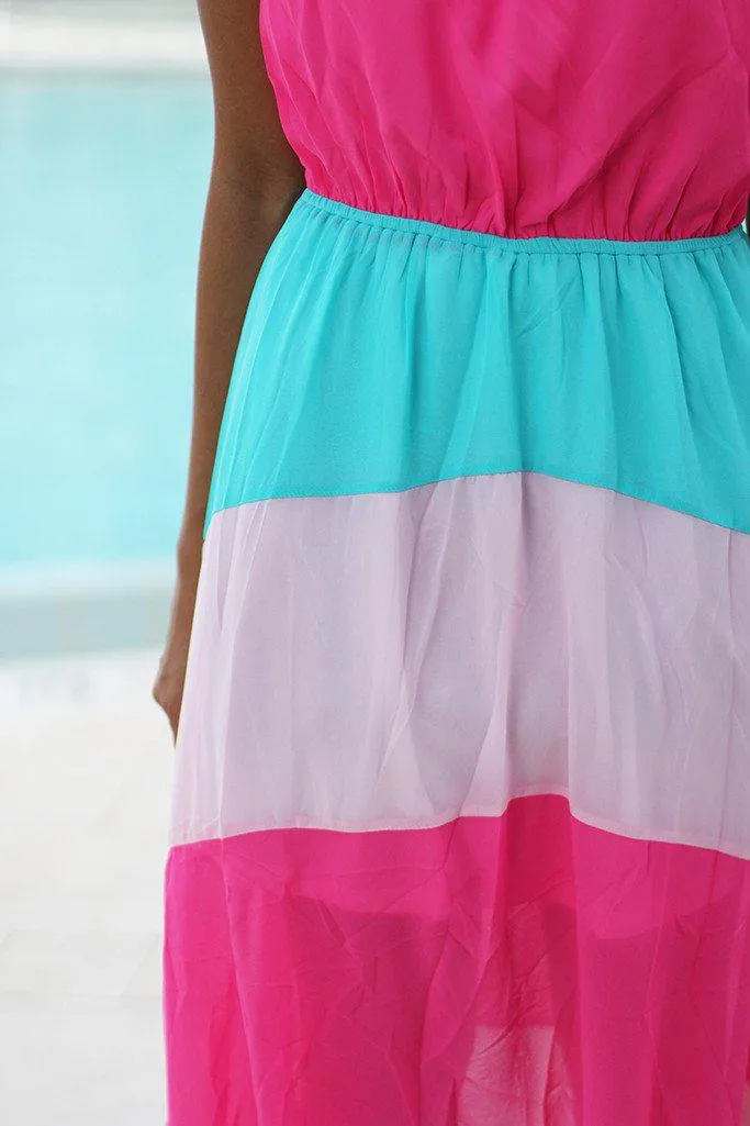 Neon Pink and Aqua Maxi Dress