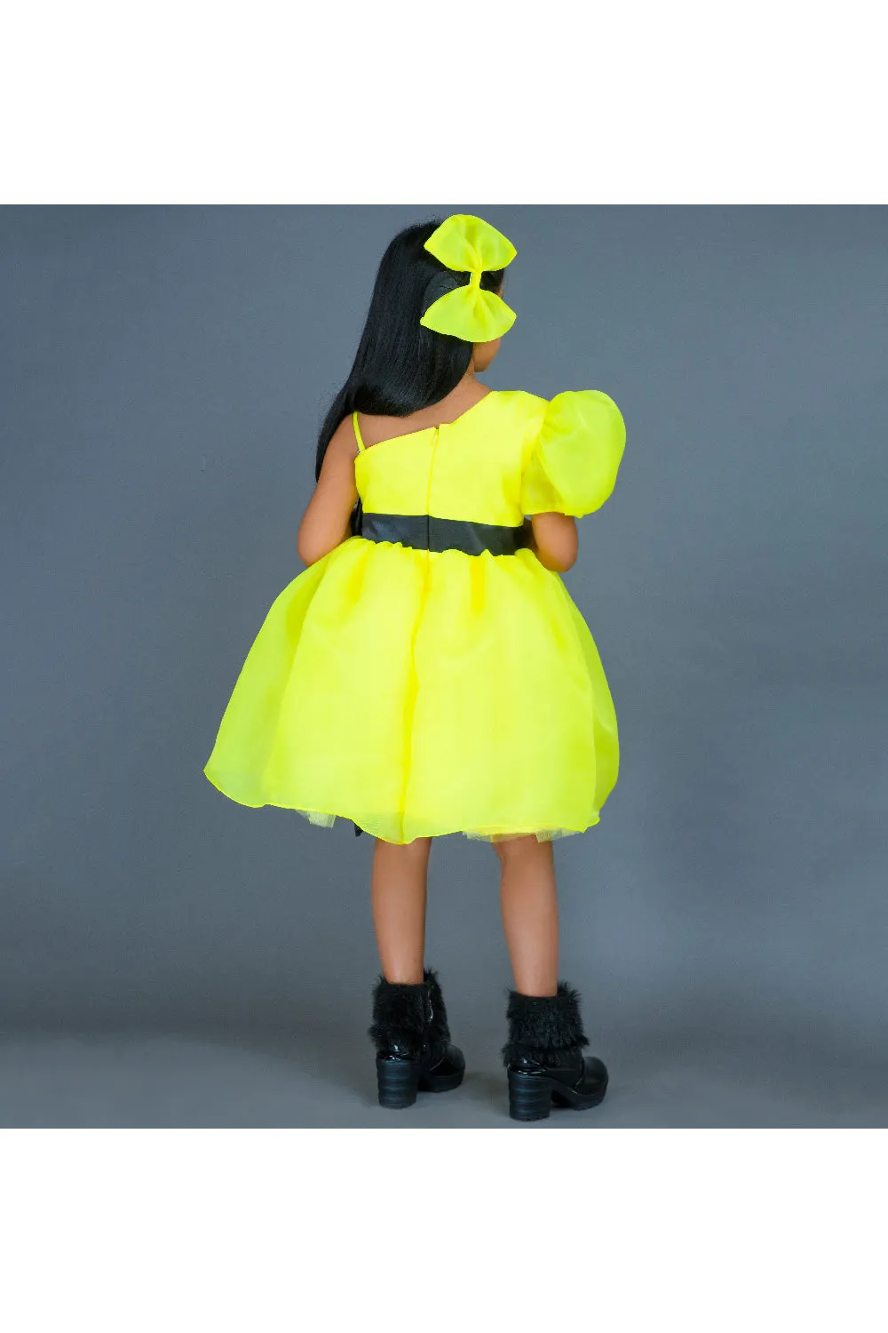 Neon Yellow Bow Detailing One Shoulder Organza Dress