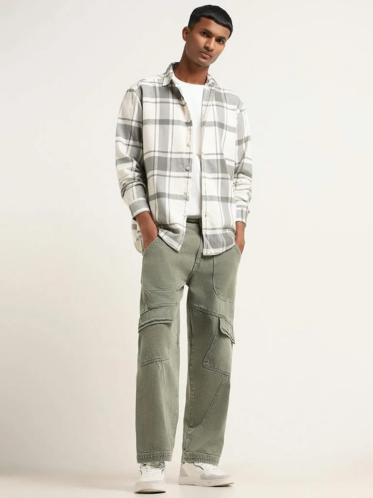Nuon Off White Checked Cotton Relaxed Fit Shirt