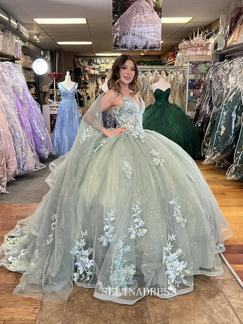Off-the-shoulder Embroidery Ball Gown Princess Sage Formal Gowns Evening Dress sew1090