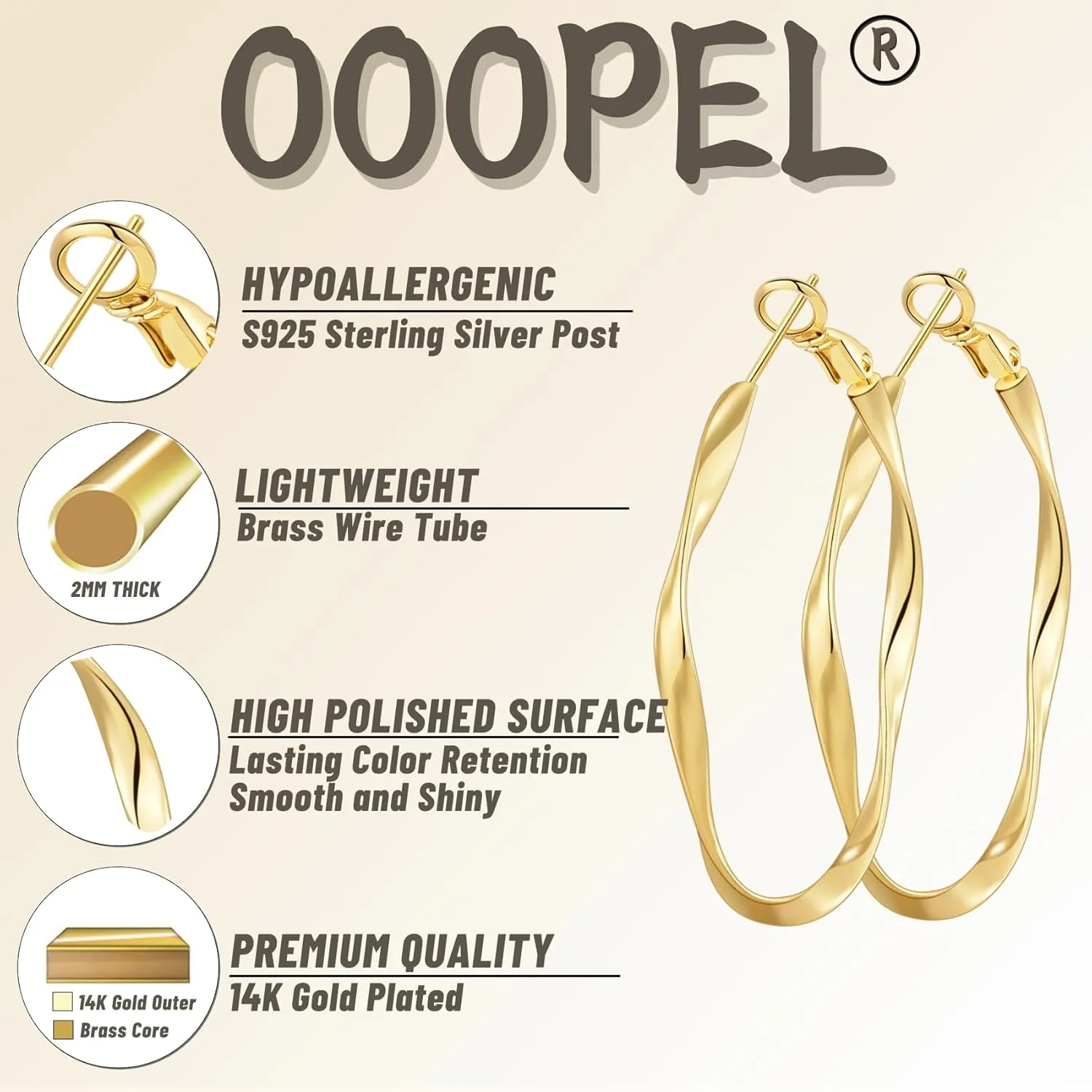 OOOPEL Gold Hoops Earrings for Women, Big 925 Sterling Silver Hoop Earrings Lightweight Hypoallergenic Sterling Silver Hoop Earrings for Women 30MM 40MM 50MM 60MM