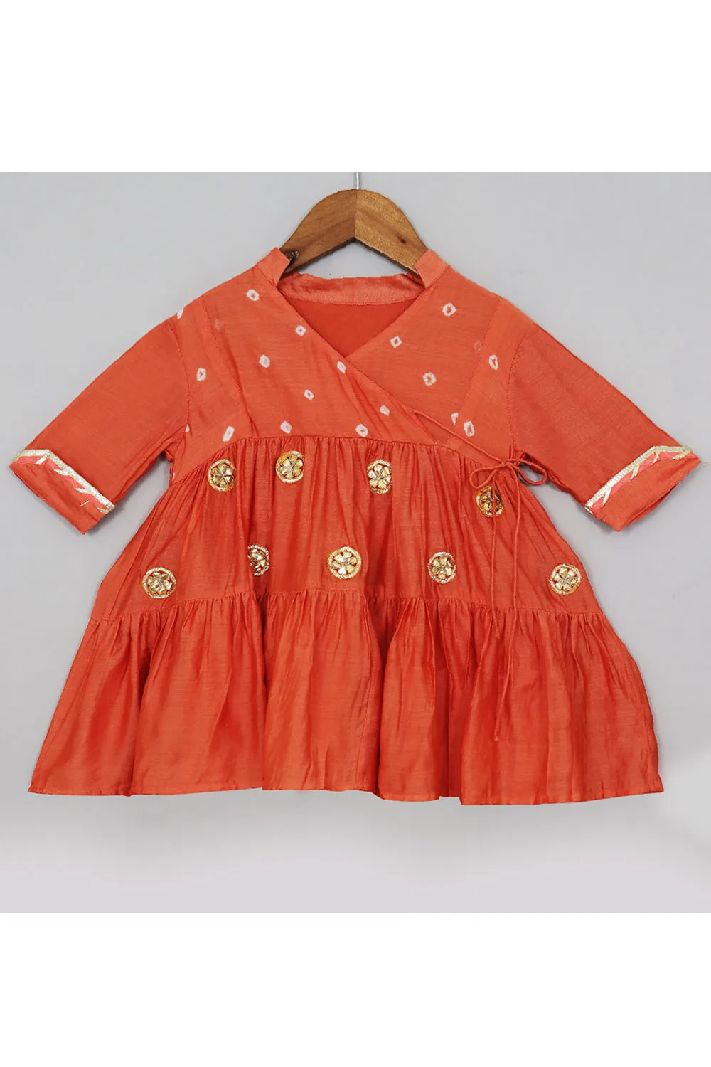 Orange Bandhani Printed With Floral Embroidered Dress