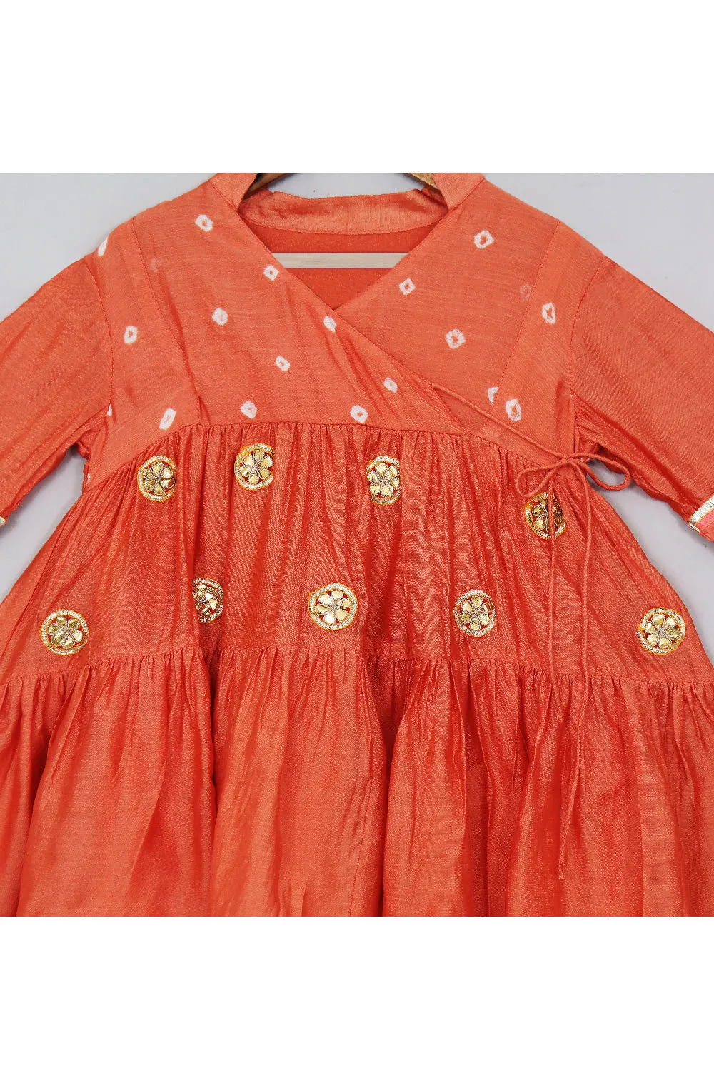 Orange Bandhani Printed With Floral Embroidered Dress
