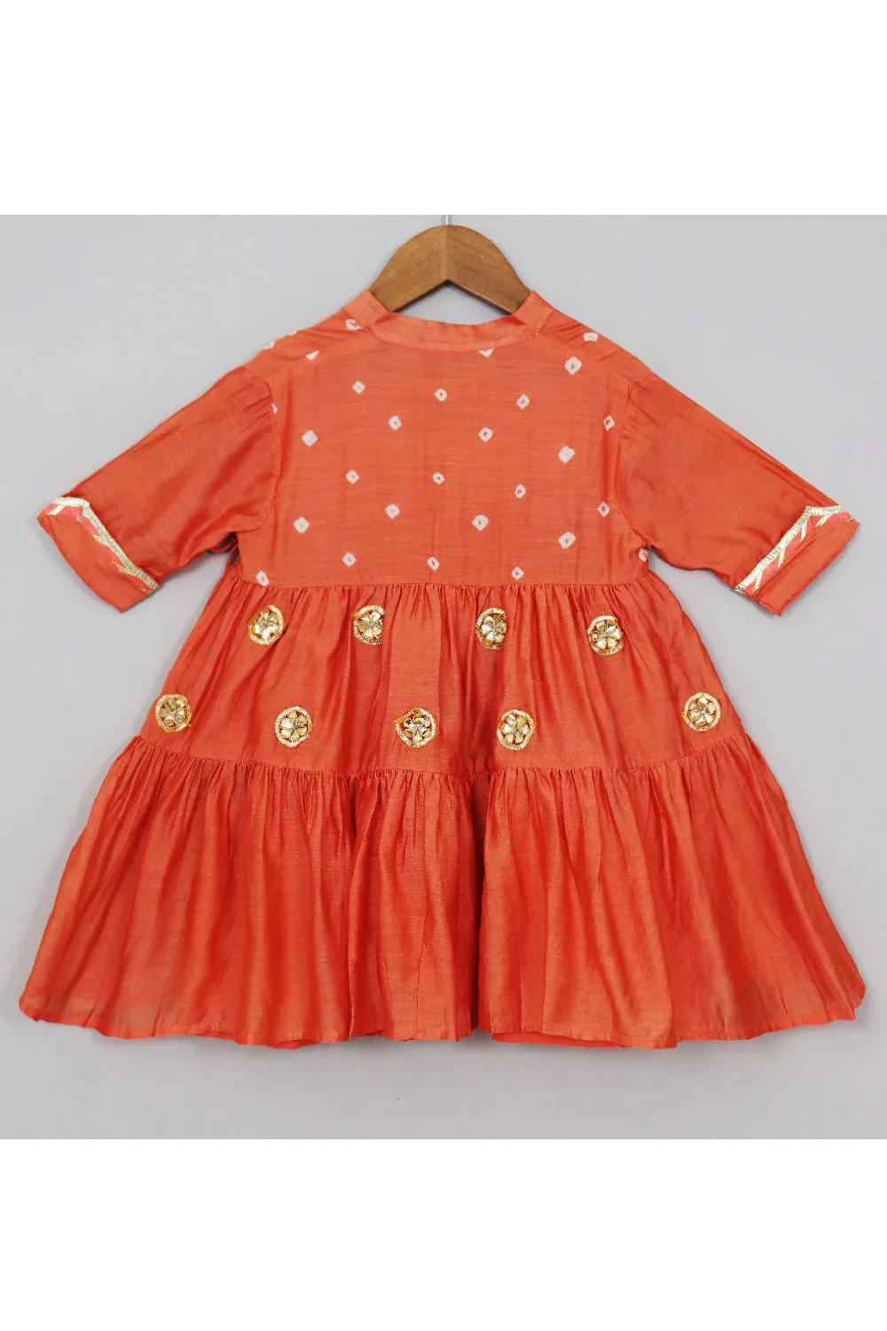 Orange Bandhani Printed With Floral Embroidered Dress