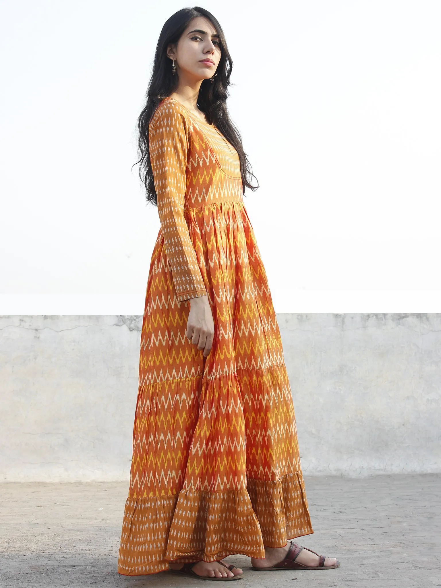 Orange Yellow Ivory Hand Woven Mercerized Cotton Ikat Tier Dress - D135F837