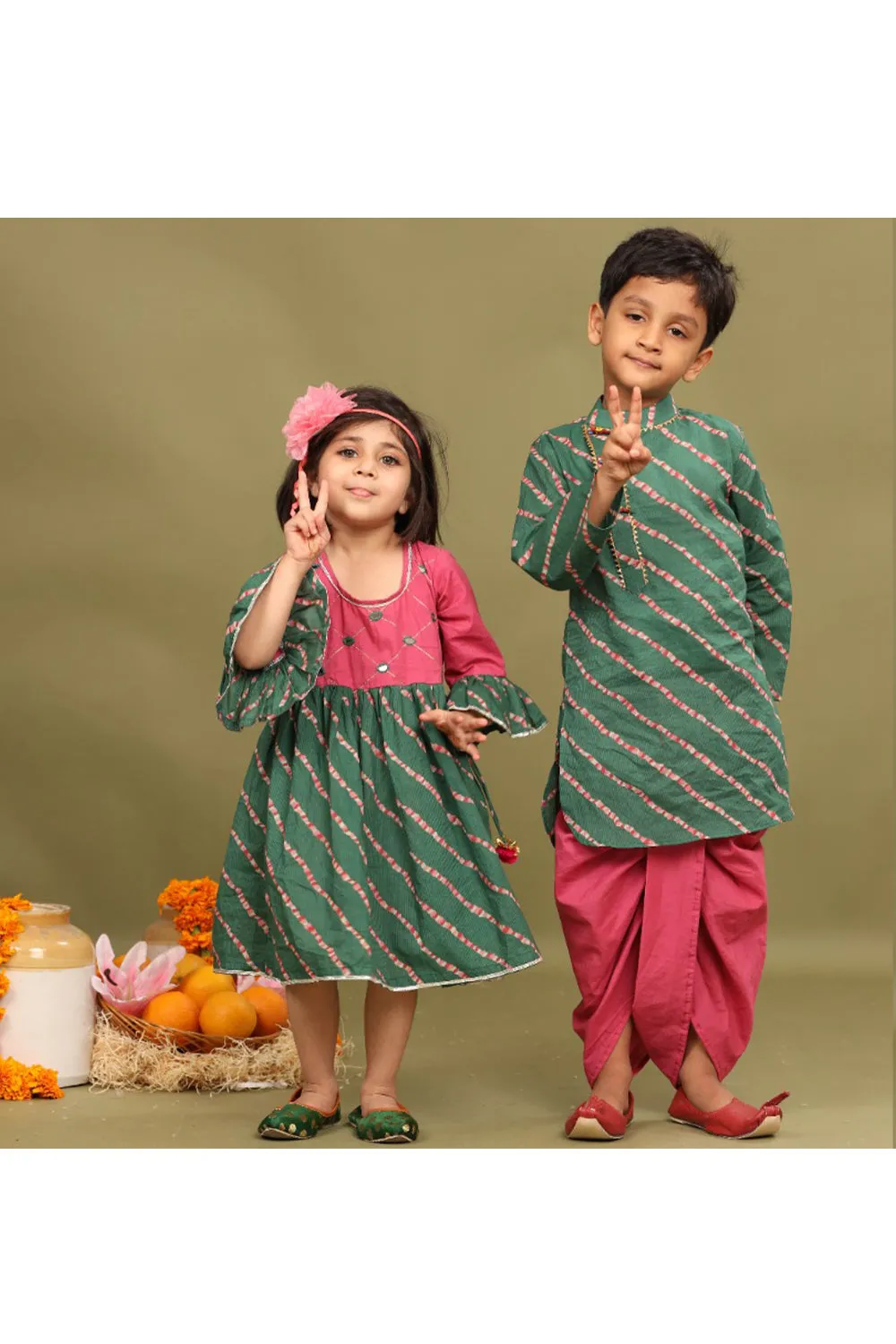 Pink and green leheriya cotton frock