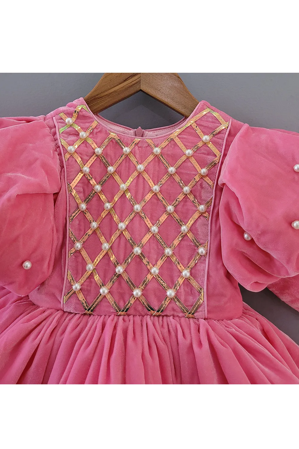 Pink Pearl Detailing Velvet Dress