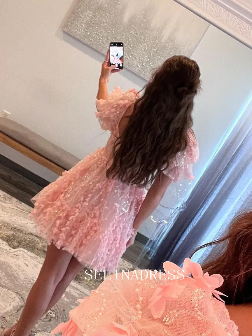 Pink Pleated A-Line Lace Homecoming Dress with Bowknot TKL3010