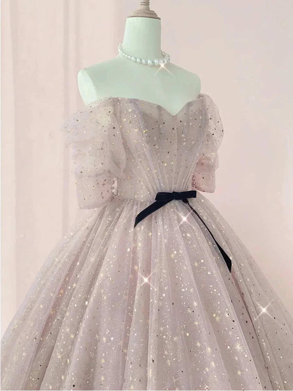Pink Sweetheart-Neck Tulle Lace Half-Sleeve Prom Dresses Pink Party Dress