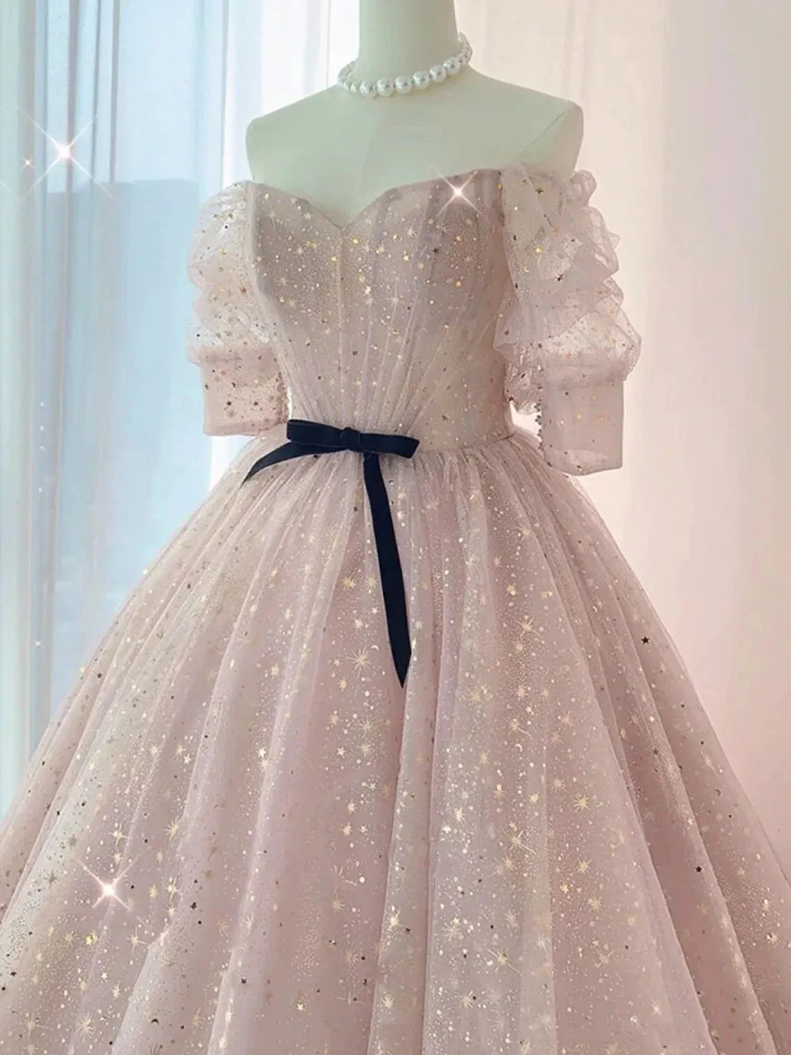 Pink Sweetheart-Neck Tulle Lace Half-Sleeve Prom Dresses Pink Party Dress