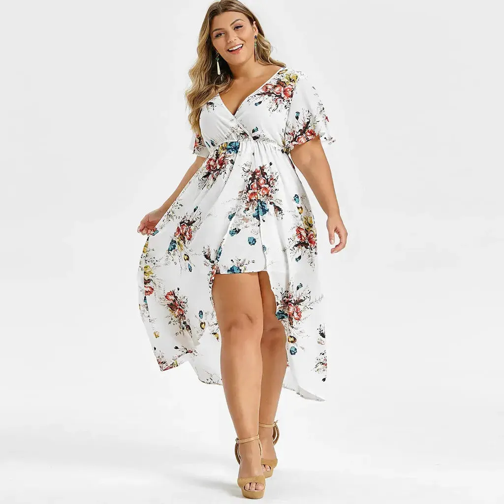 Plus Size Short Sleeve Floral Printed Bell Sleeve High Low Maxi Summer Clothes Hot Casual Fashion Dress