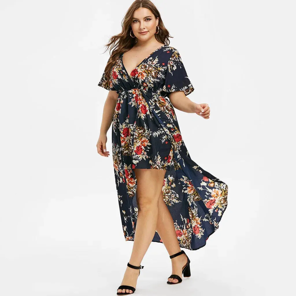 Plus Size Short Sleeve Floral Printed Bell Sleeve High Low Maxi Summer Clothes Hot Casual Fashion Dress