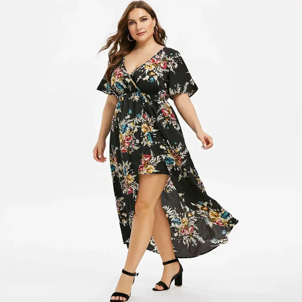 Plus Size Short Sleeve Floral Printed Bell Sleeve High Low Maxi Summer Clothes Hot Casual Fashion Dress