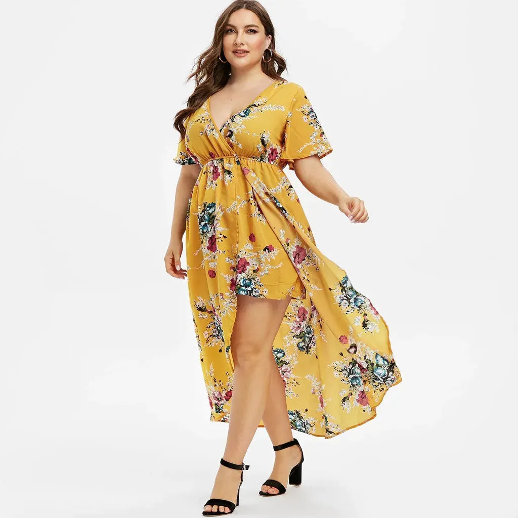 Plus Size Short Sleeve Floral Printed Bell Sleeve High Low Maxi Summer Clothes Hot Casual Fashion Dress