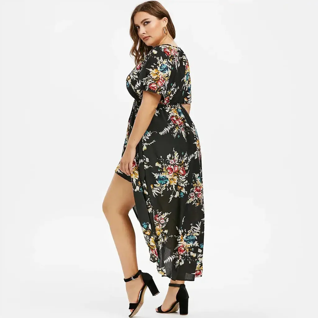 Plus Size Short Sleeve Floral Printed Bell Sleeve High Low Maxi Summer Clothes Hot Casual Fashion Dress