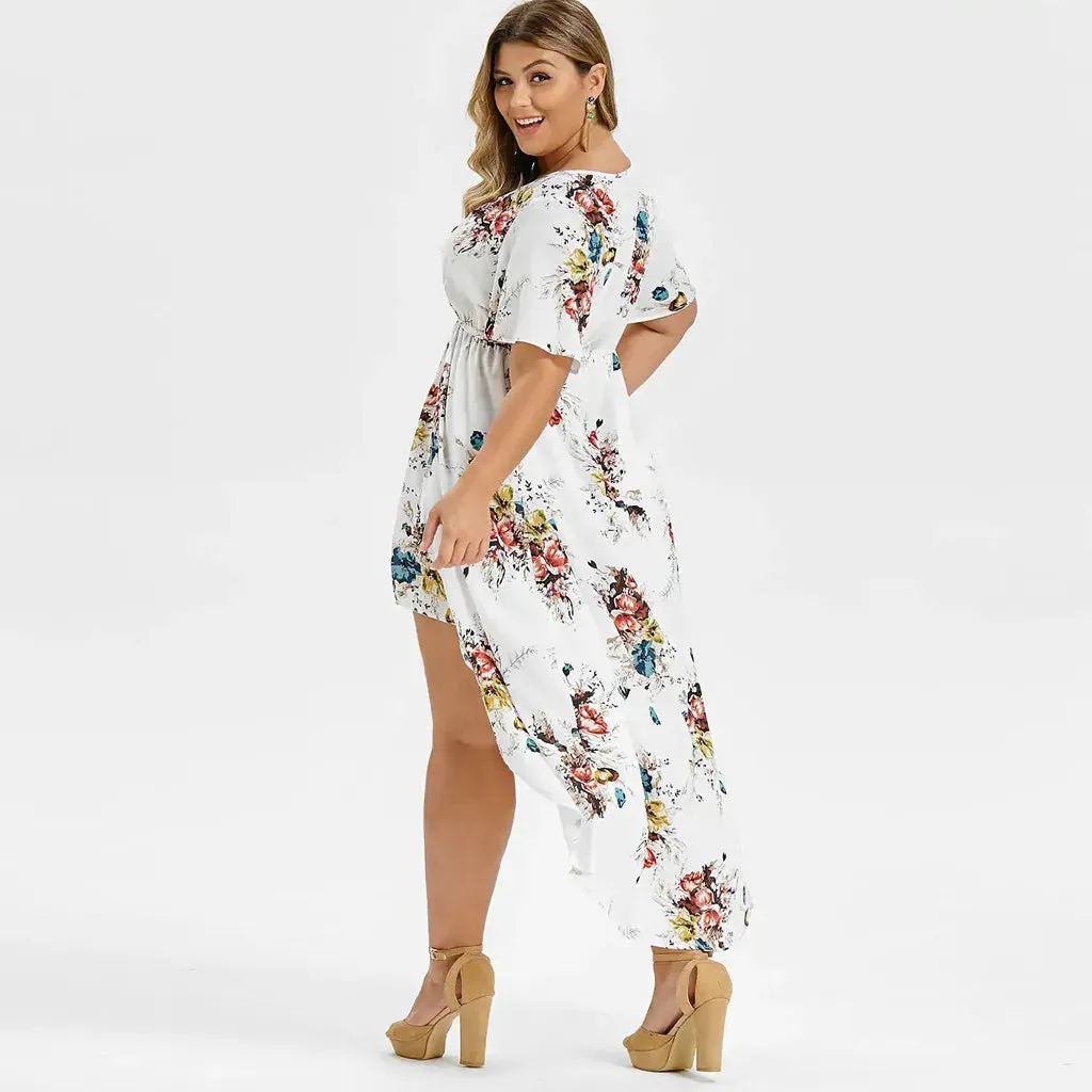 Plus Size Short Sleeve Floral Printed Bell Sleeve High Low Maxi Summer Clothes Hot Casual Fashion Dress