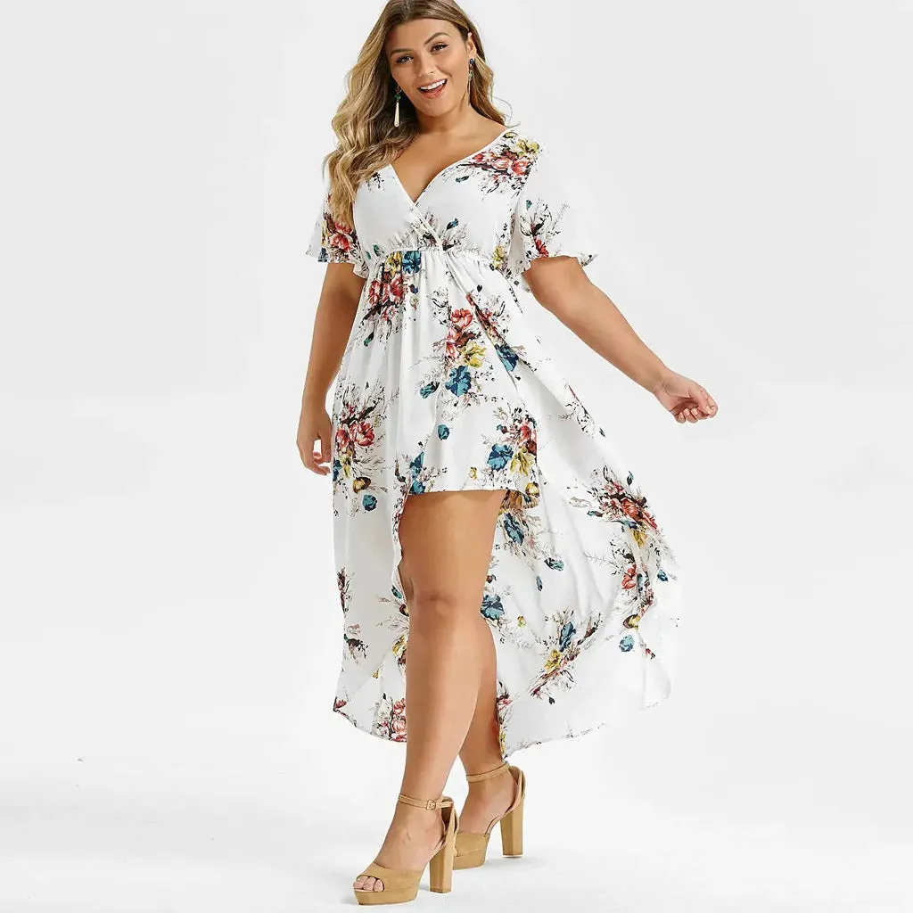 Plus Size Short Sleeve Floral Printed Bell Sleeve High Low Maxi Summer Clothes Hot Casual Fashion Dress