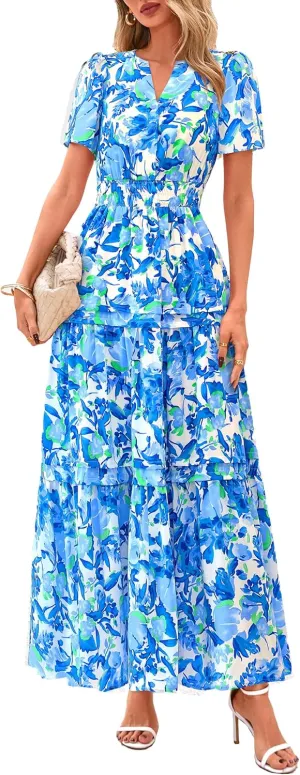 PRETTYGARDEN Women's 2025 Summer Boho Maxi Dresses Floral Short Sleeve V Neck A Line Tiered Flowy Long Beach Vacation Dress