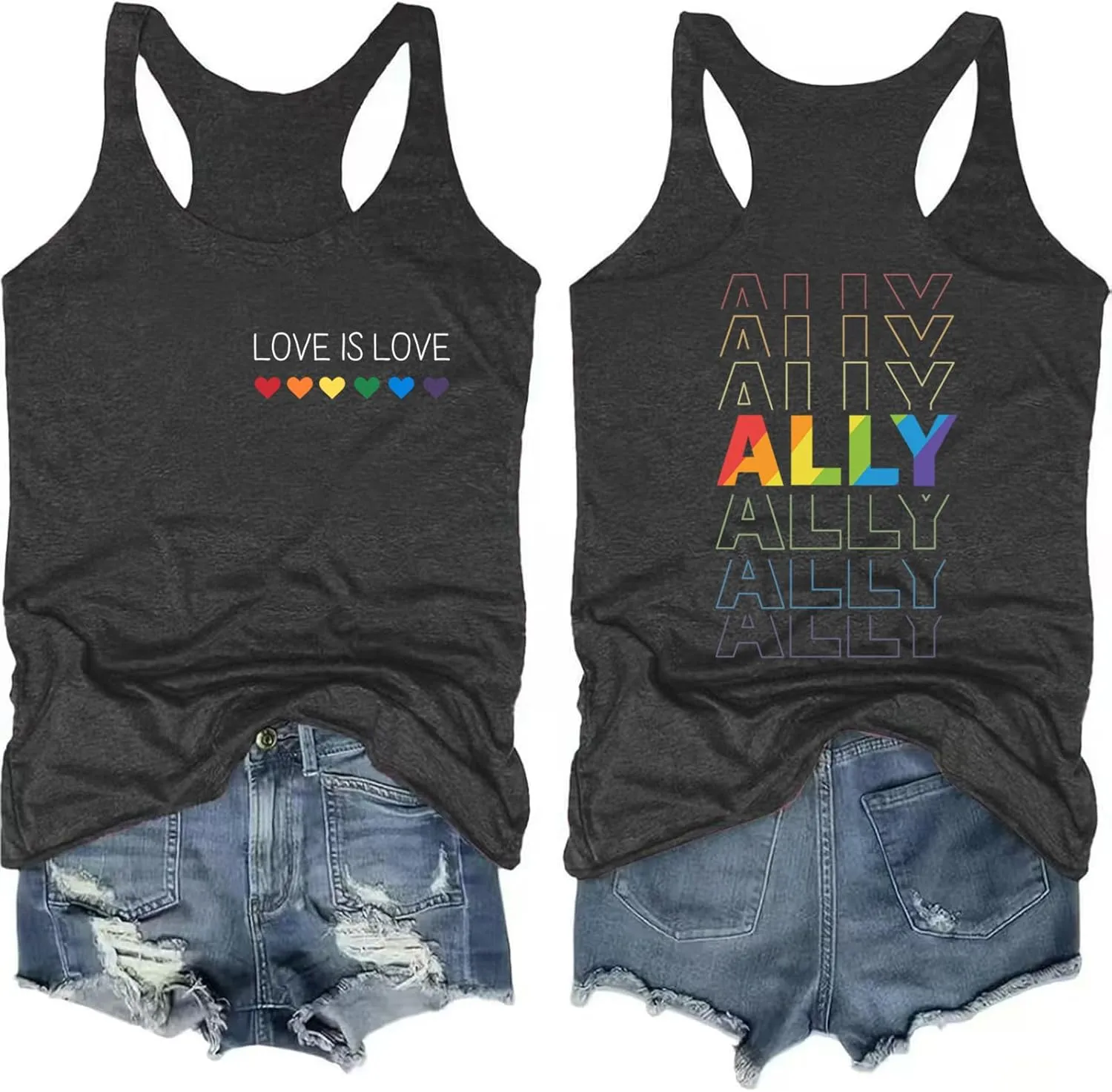 Pride Tank Tops for Women: LGBT Rainbow Heart T-Shirts Lesbian Sleeveless Tee LGBTQ Pride Raceback Vest Tops