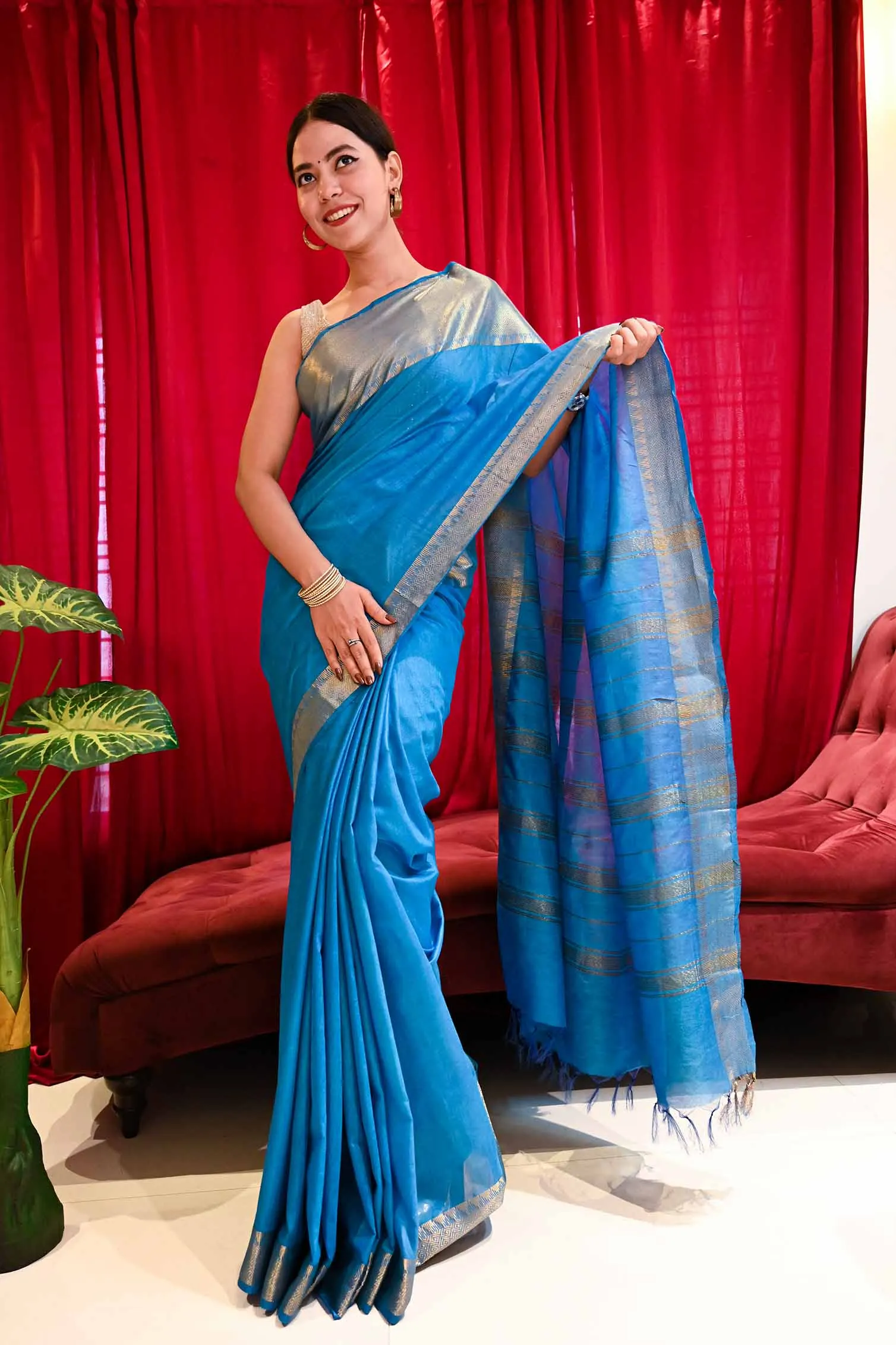Ready To Wear Ocean Blue Khadi Bhagalpuri silk & Tassel On Pallu  Wrap in 1 minute saree