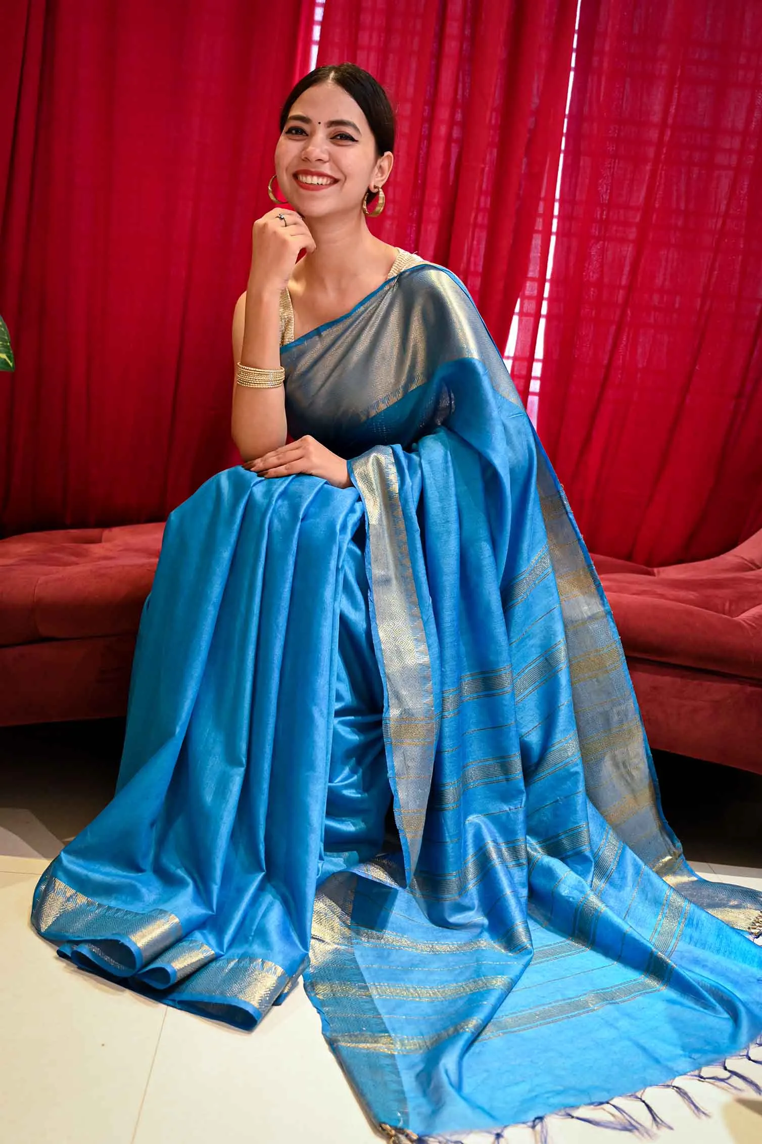 Ready To Wear Ocean Blue Khadi Bhagalpuri silk & Tassel On Pallu  Wrap in 1 minute saree