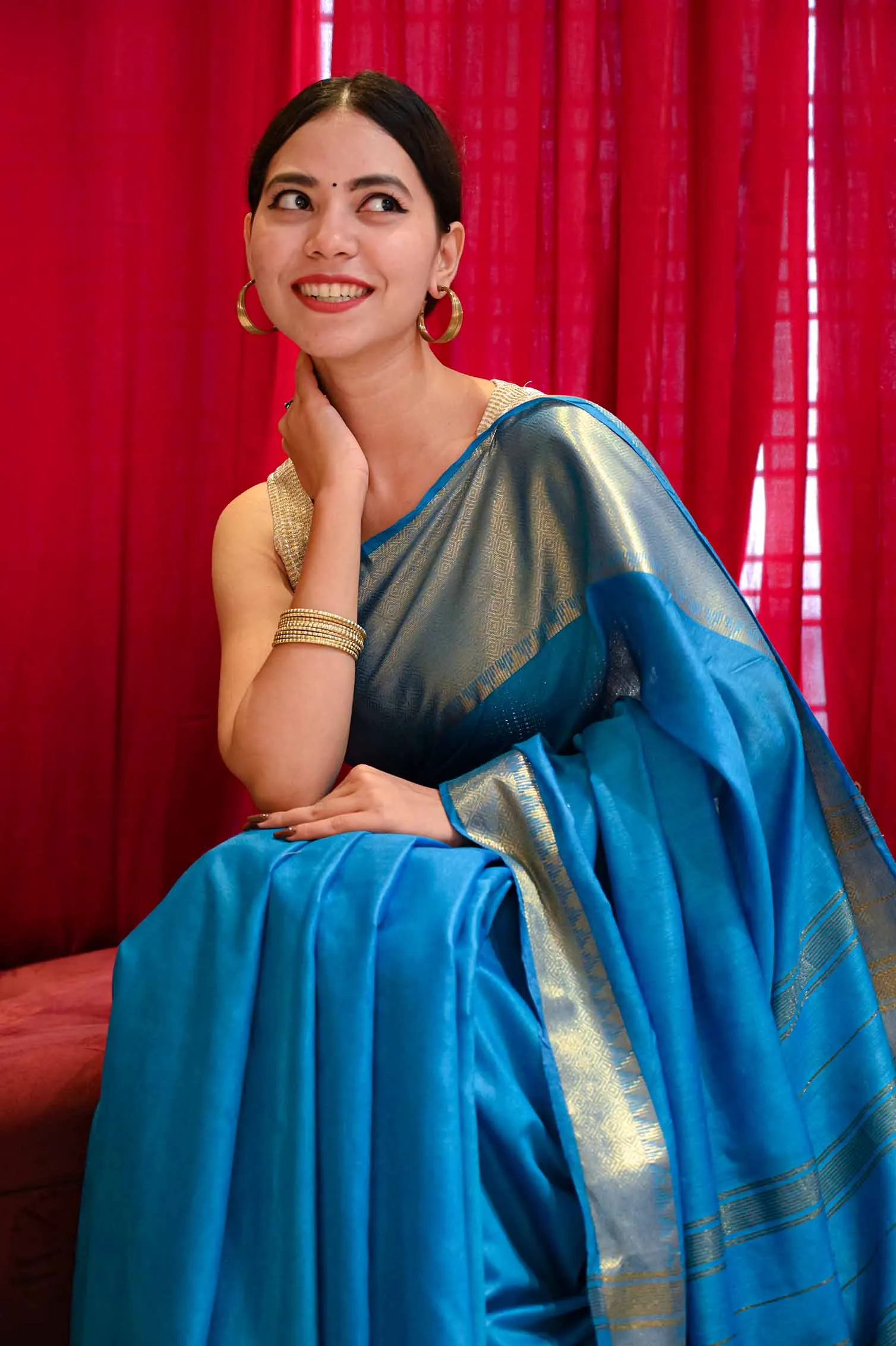 Ready To Wear Ocean Blue Khadi Bhagalpuri silk & Tassel On Pallu  Wrap in 1 minute saree