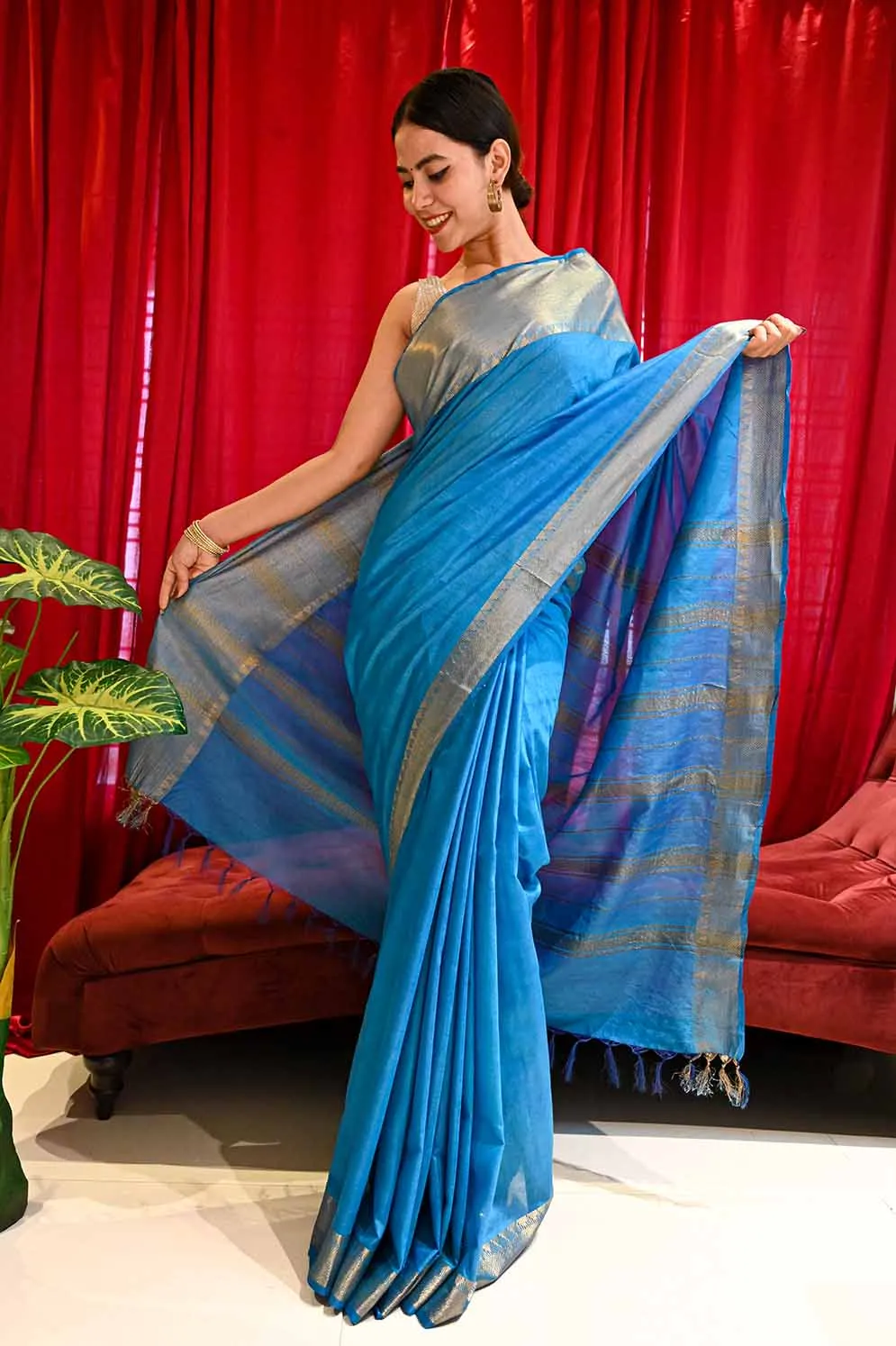 Ready To Wear Ocean Blue Khadi Bhagalpuri silk & Tassel On Pallu  Wrap in 1 minute saree