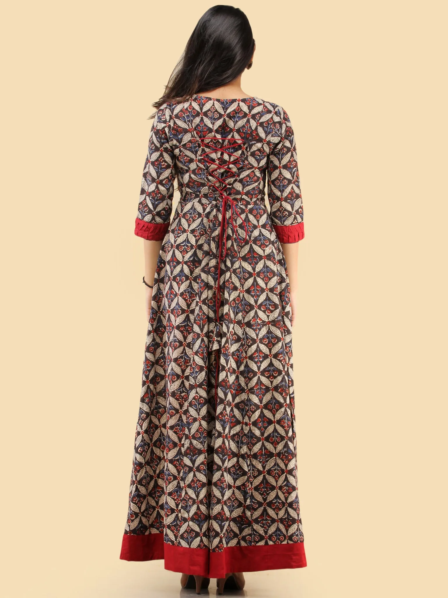 Saima - Hand Block Printed Long Cotton Dress With Back Knots  - D162F2061