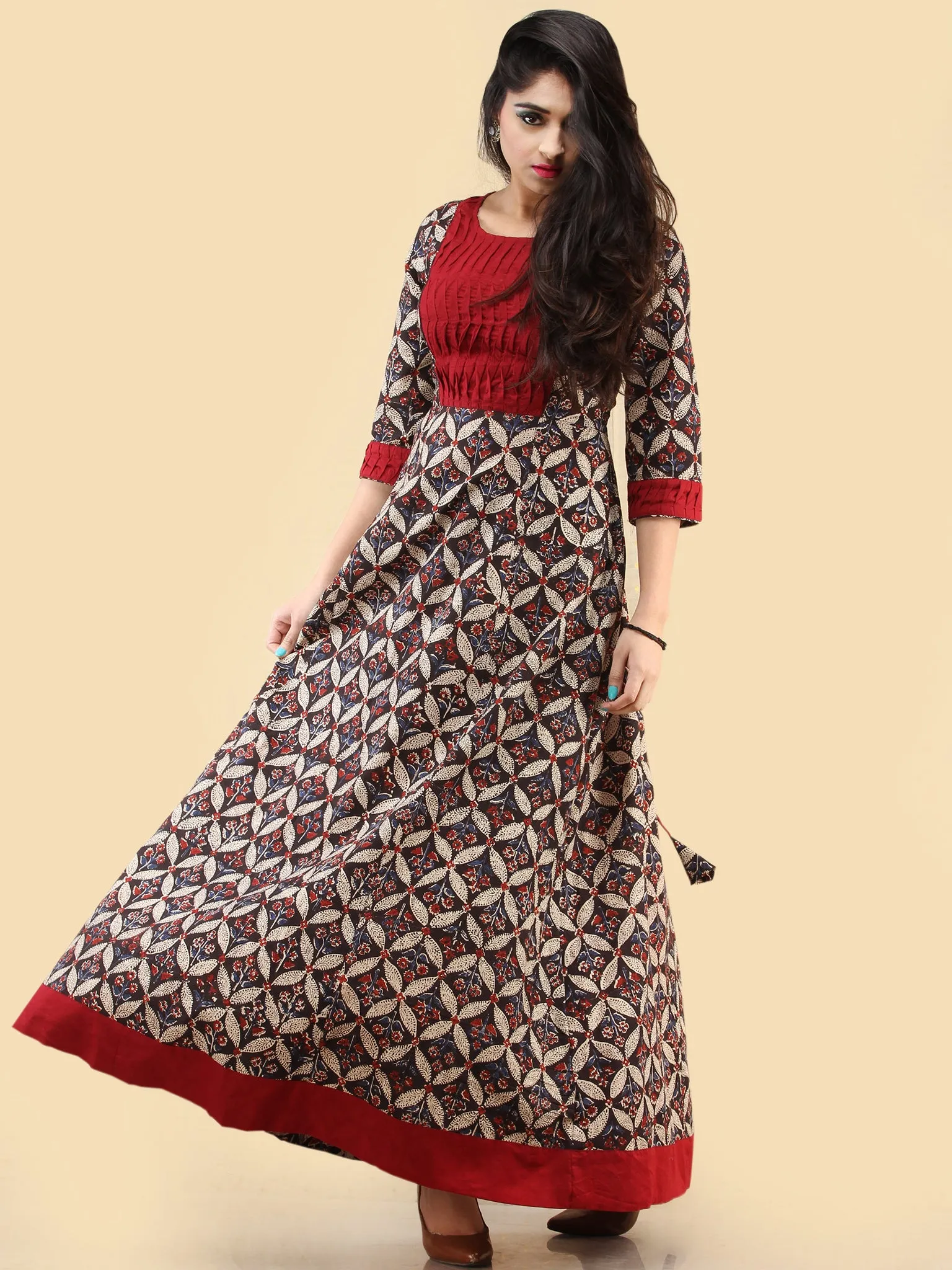 Saima - Hand Block Printed Long Cotton Dress With Back Knots  - D162F2061