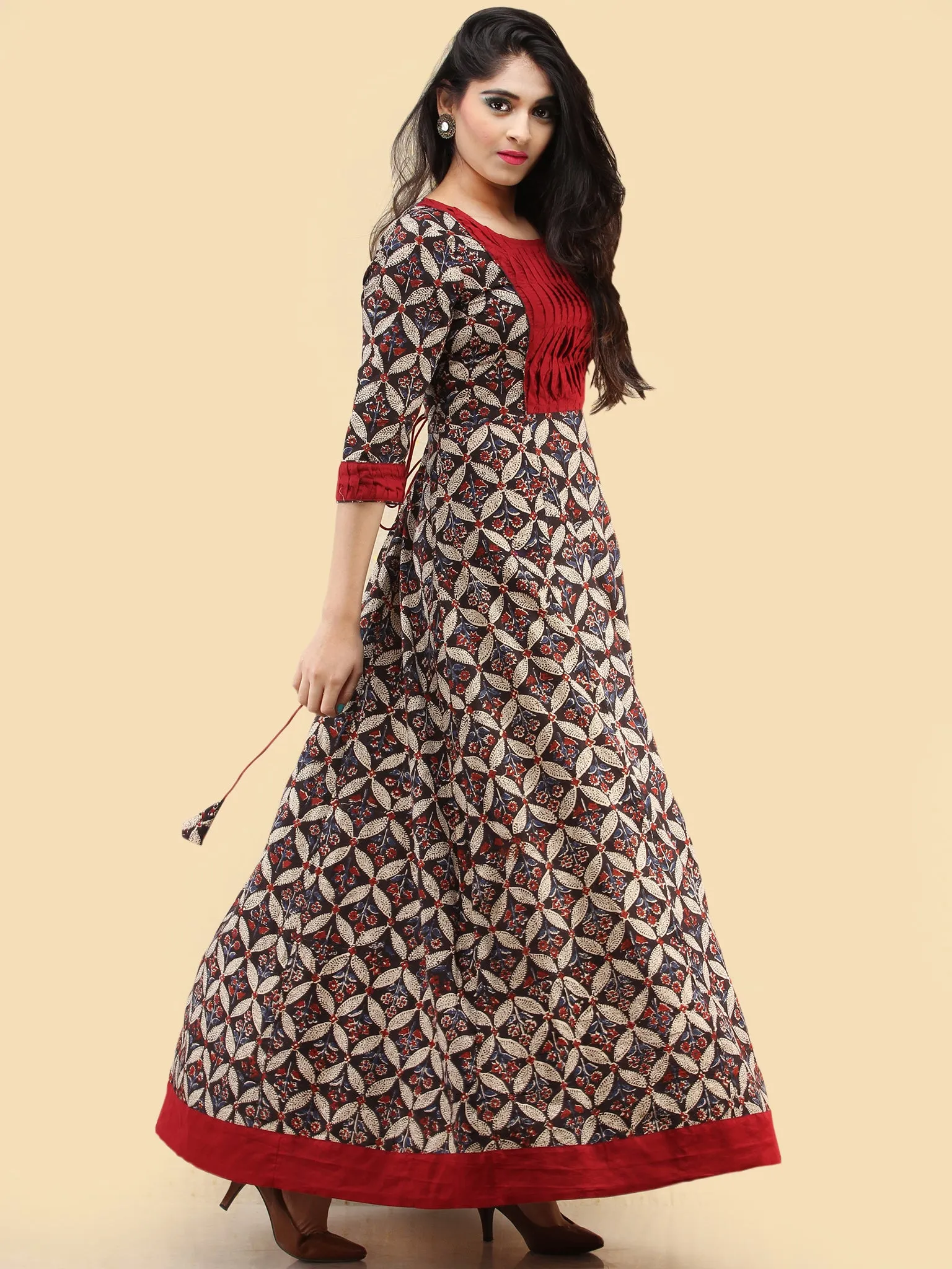 Saima - Hand Block Printed Long Cotton Dress With Back Knots  - D162F2061