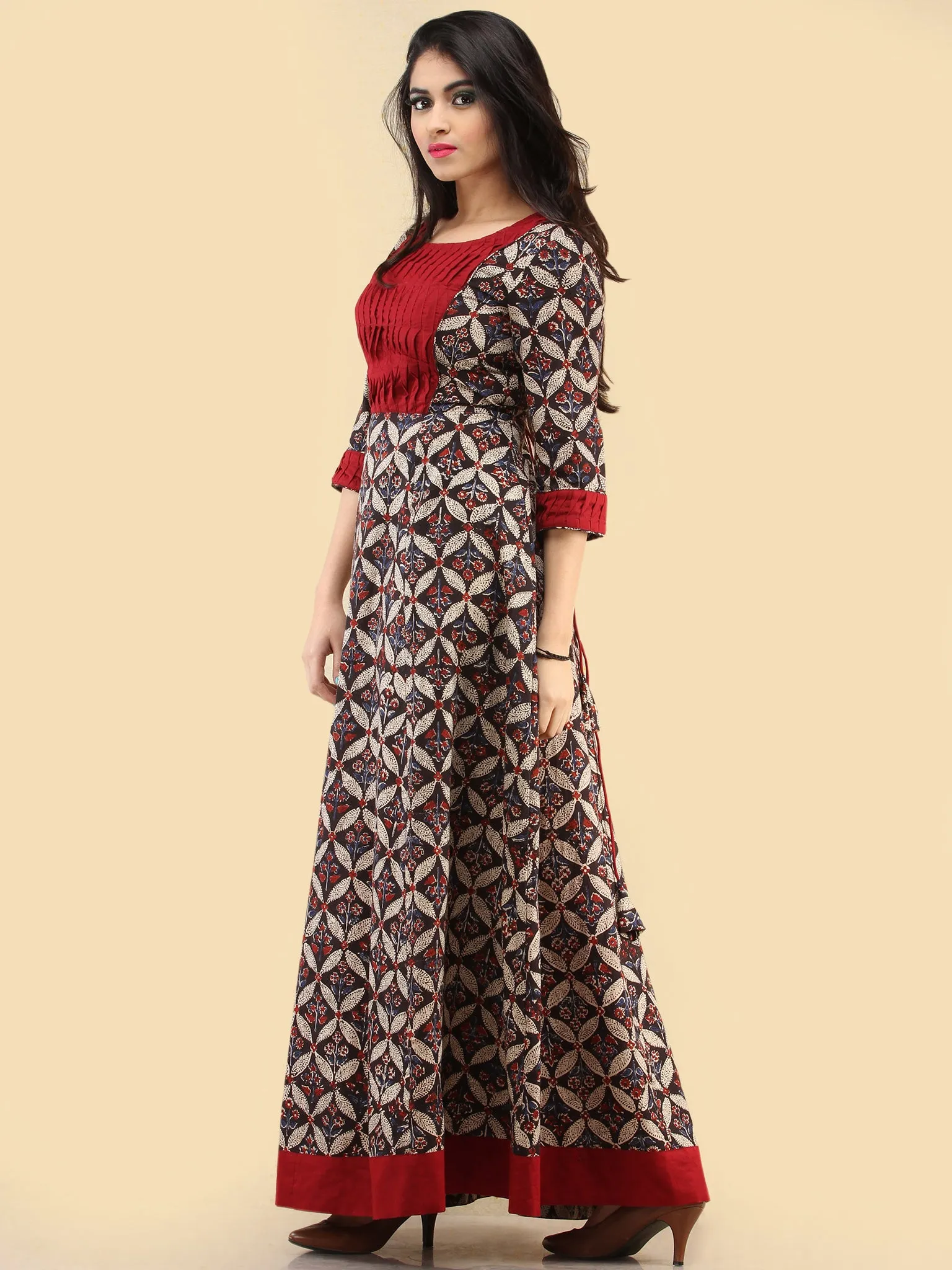 Saima - Hand Block Printed Long Cotton Dress With Back Knots  - D162F2061