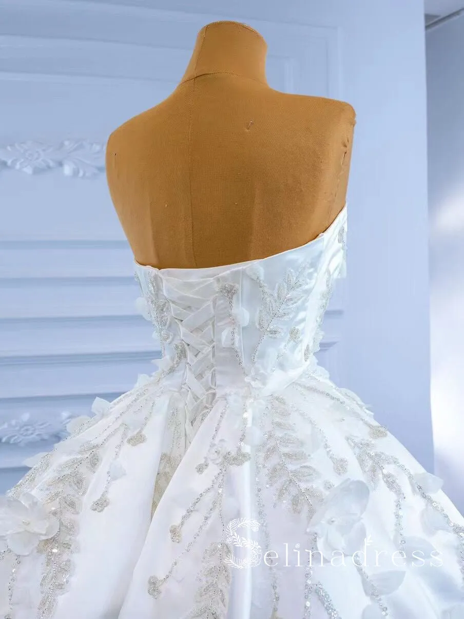 Selinadress Strapless Satin Wedding Dress White Applique Beaded Bridal Gowns SPL67282