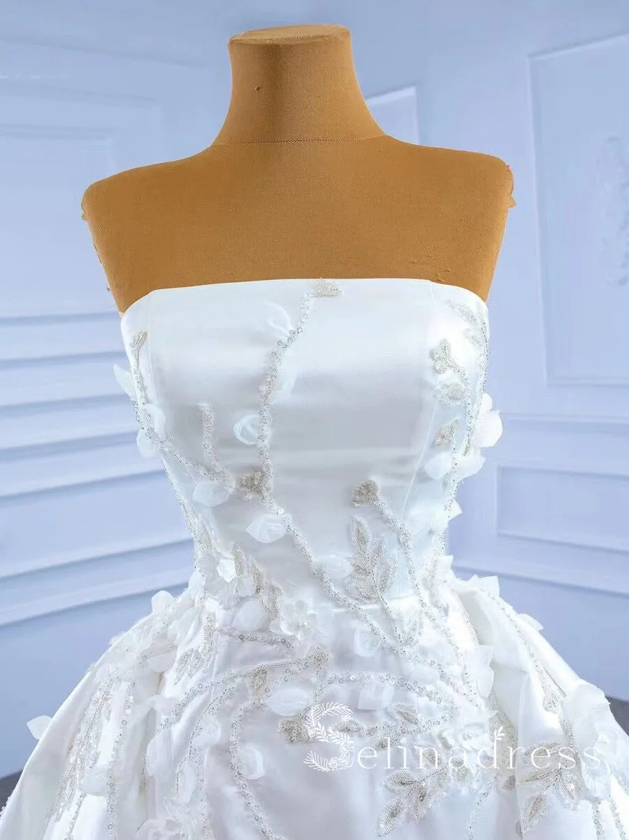 Selinadress Strapless Satin Wedding Dress White Applique Beaded Bridal Gowns SPL67282