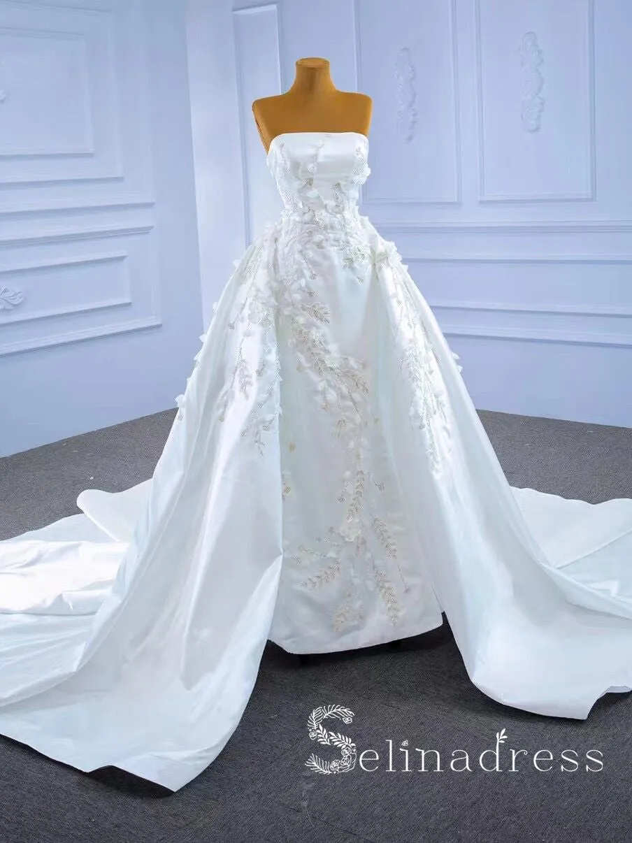 Selinadress Strapless Satin Wedding Dress White Applique Beaded Bridal Gowns SPL67282